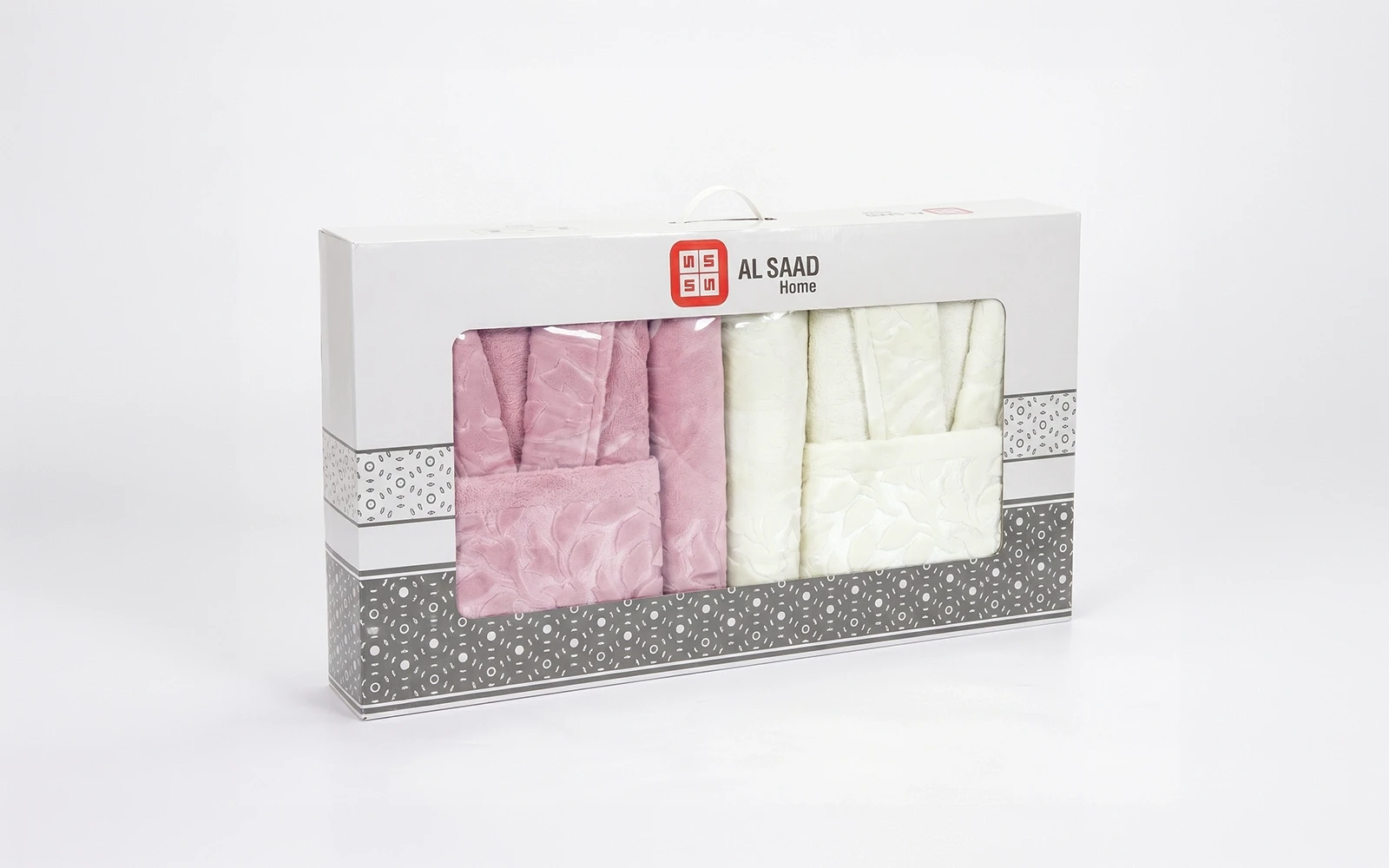 Al Saad Home Unisex Cotton Elite Velvet Jacquard Luxury Bathrobe Set 6 PCS - Off White & Pink