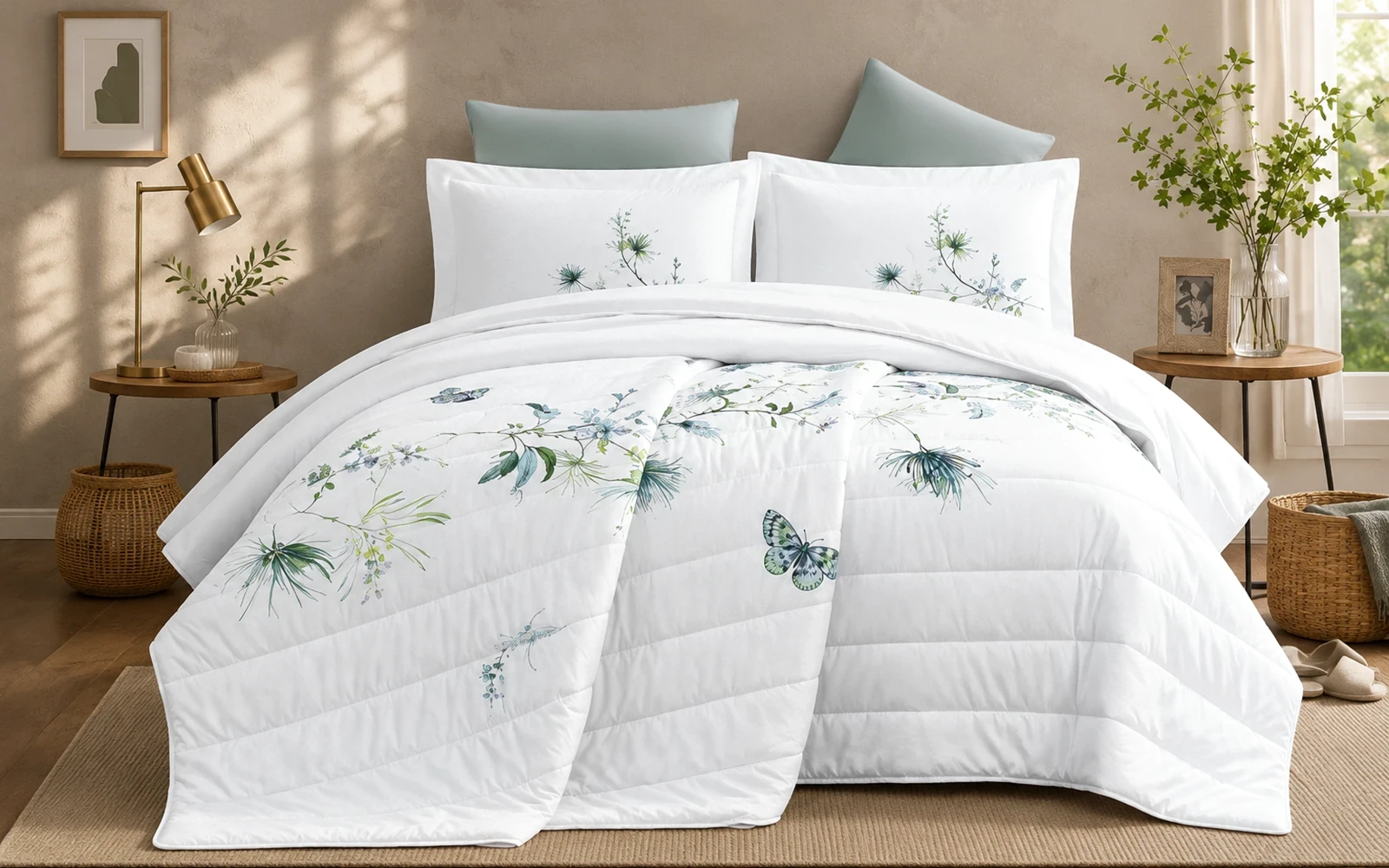 Ramad Printed BedSpread Bedding Set 6 PCS - King White & Green