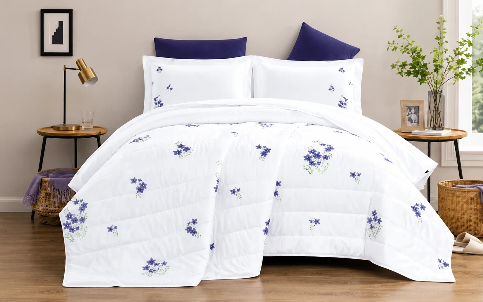 Ramad Printed BedSpread Bedding Set 6 PCS - King White & Purple