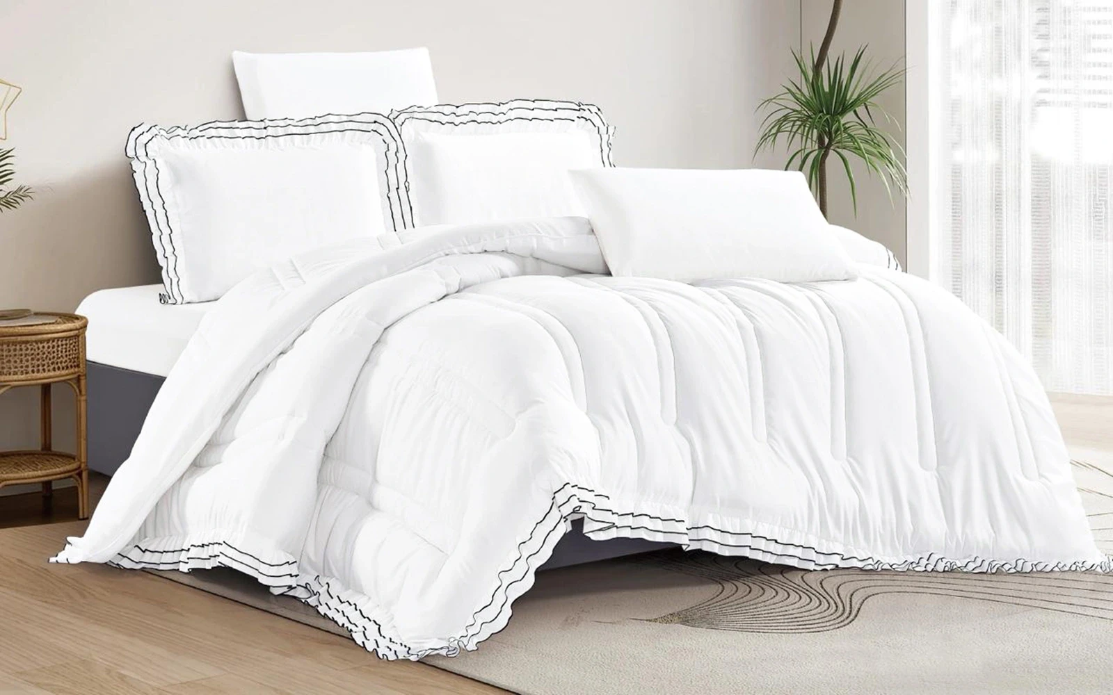 Paja Lace Plain Comforter Bedding Set 6 PCS - King White