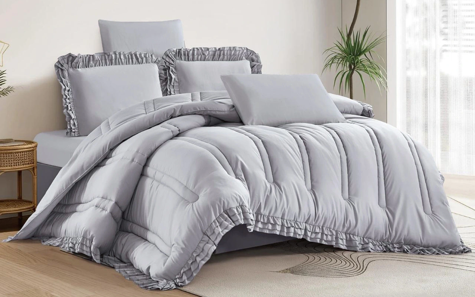 Paja Lace Plain Comforter Bedding Set 6 PCS - King Grey