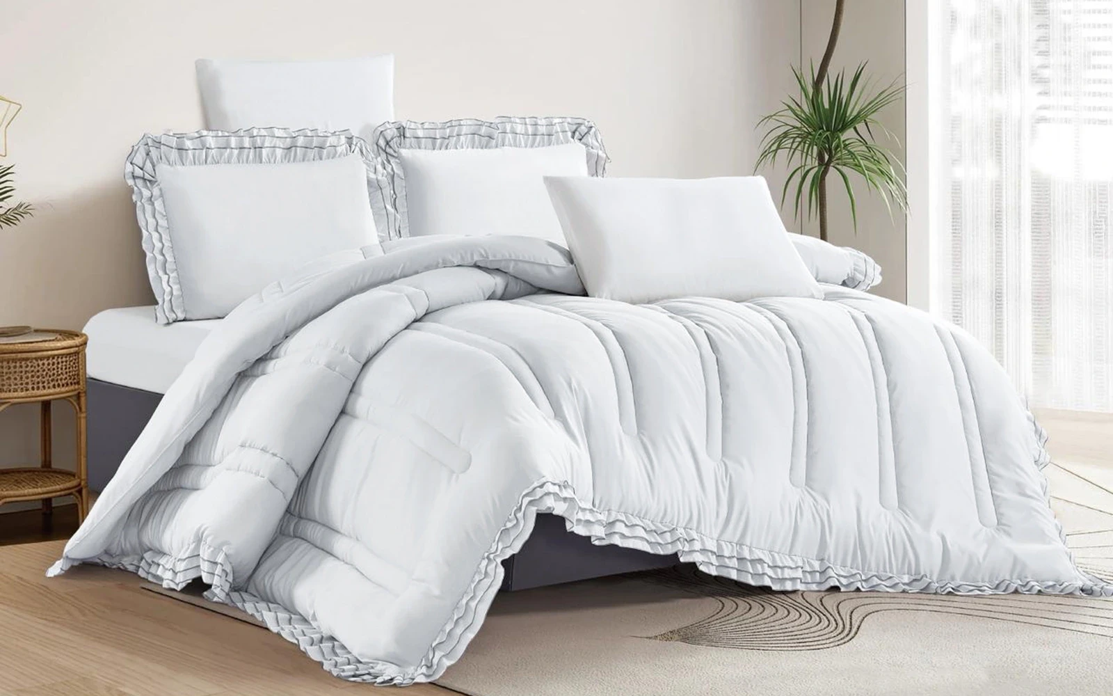 Paja Lace Plain Comforter Bedding Set 6 PCS - King Silver
