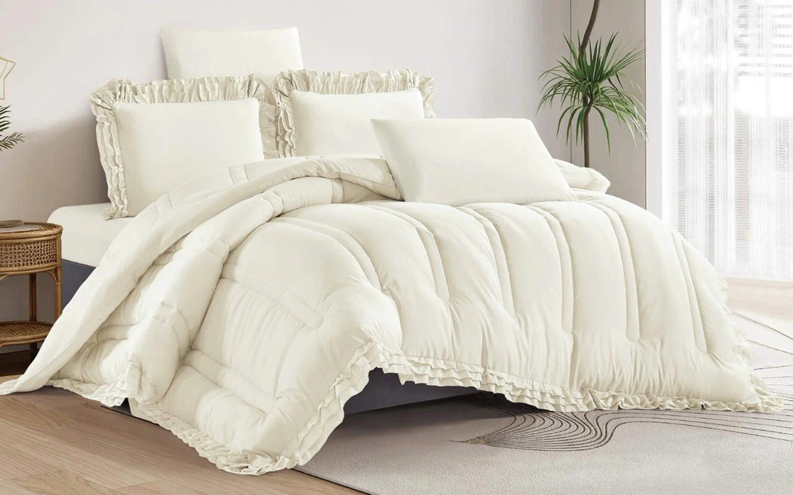 Paja Lace Plain Comforter Bedding Set 6 PCS - King Cream