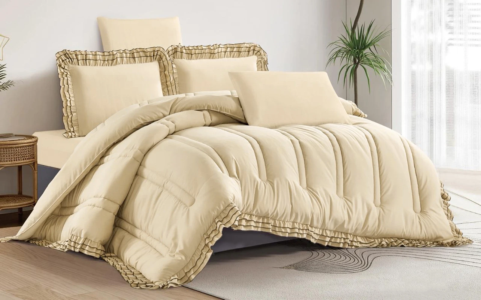 Paja Lace Plain Comforter Bedding Set 6 PCS - King Beige