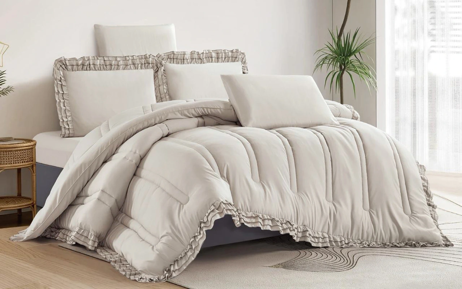 Paja Lace Plain Comforter Bedding Set 6 PCS - King L.Beige