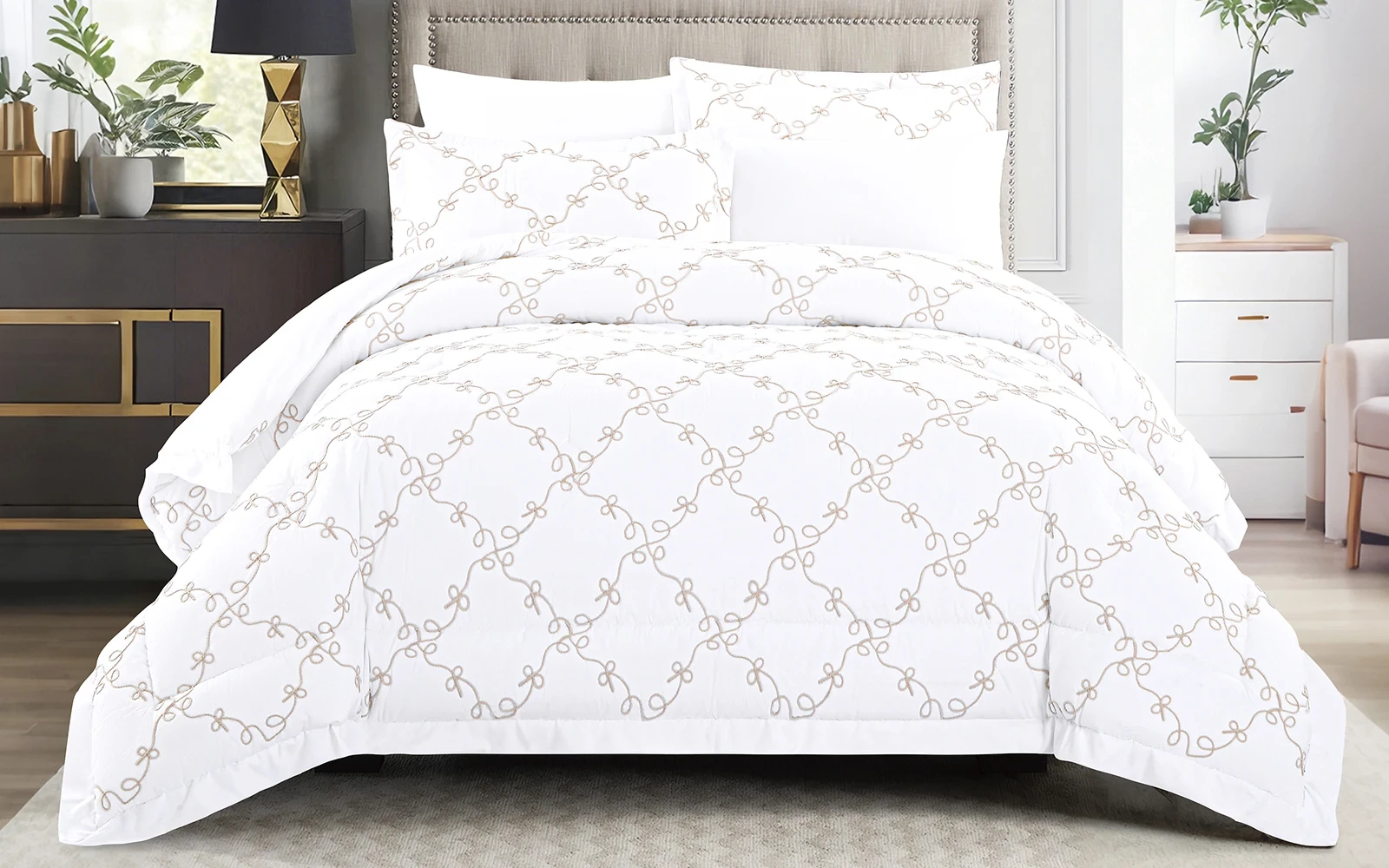 Elyon Comforter Bedding Set 6 PCS - King White & Beige