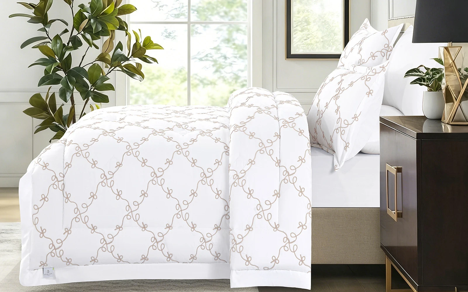 Elyon Comforter Bedding Set 6 PCS - King White & Beige