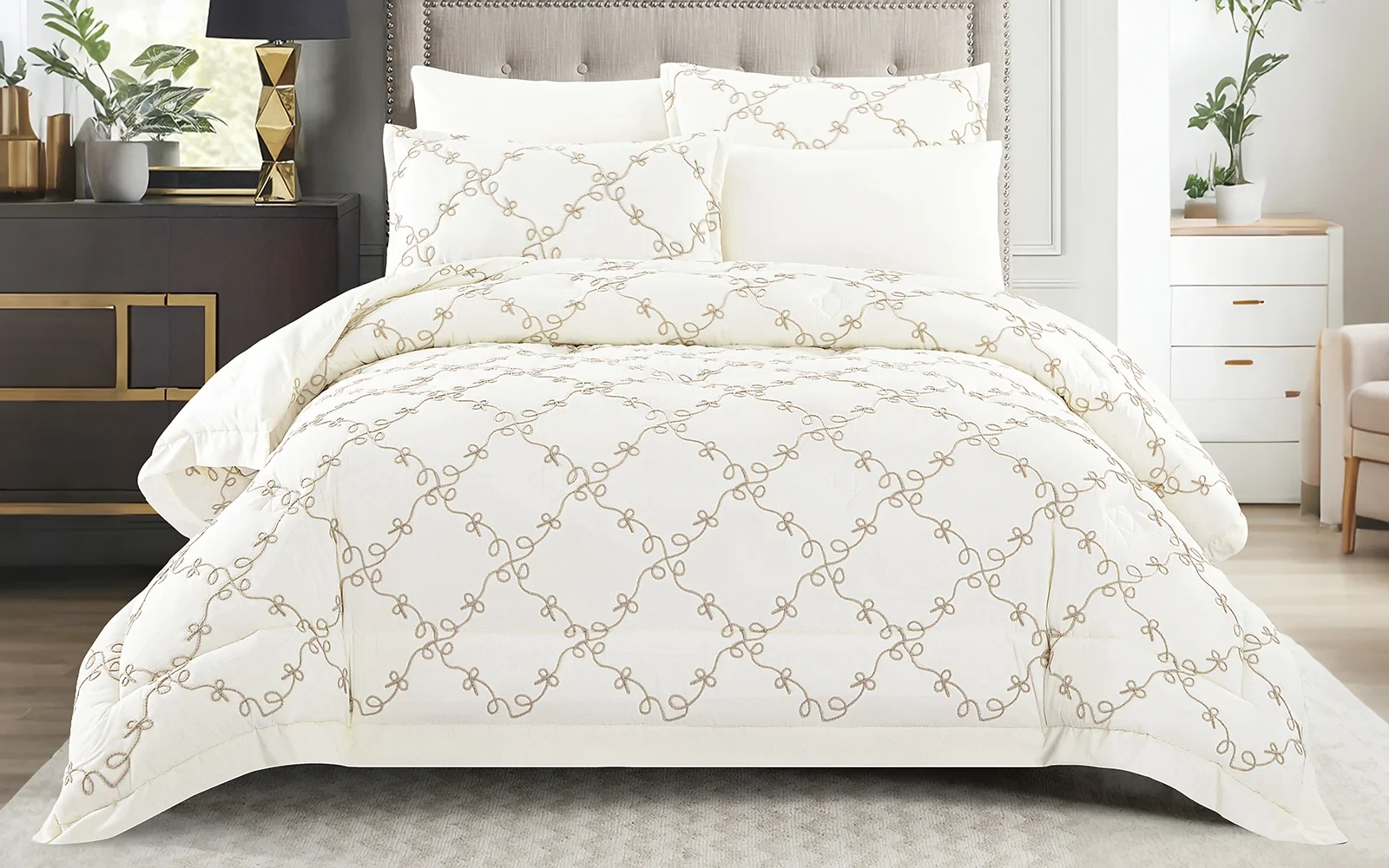 Elyon Comforter Bedding Set 6 PCS - King Cream & Beige