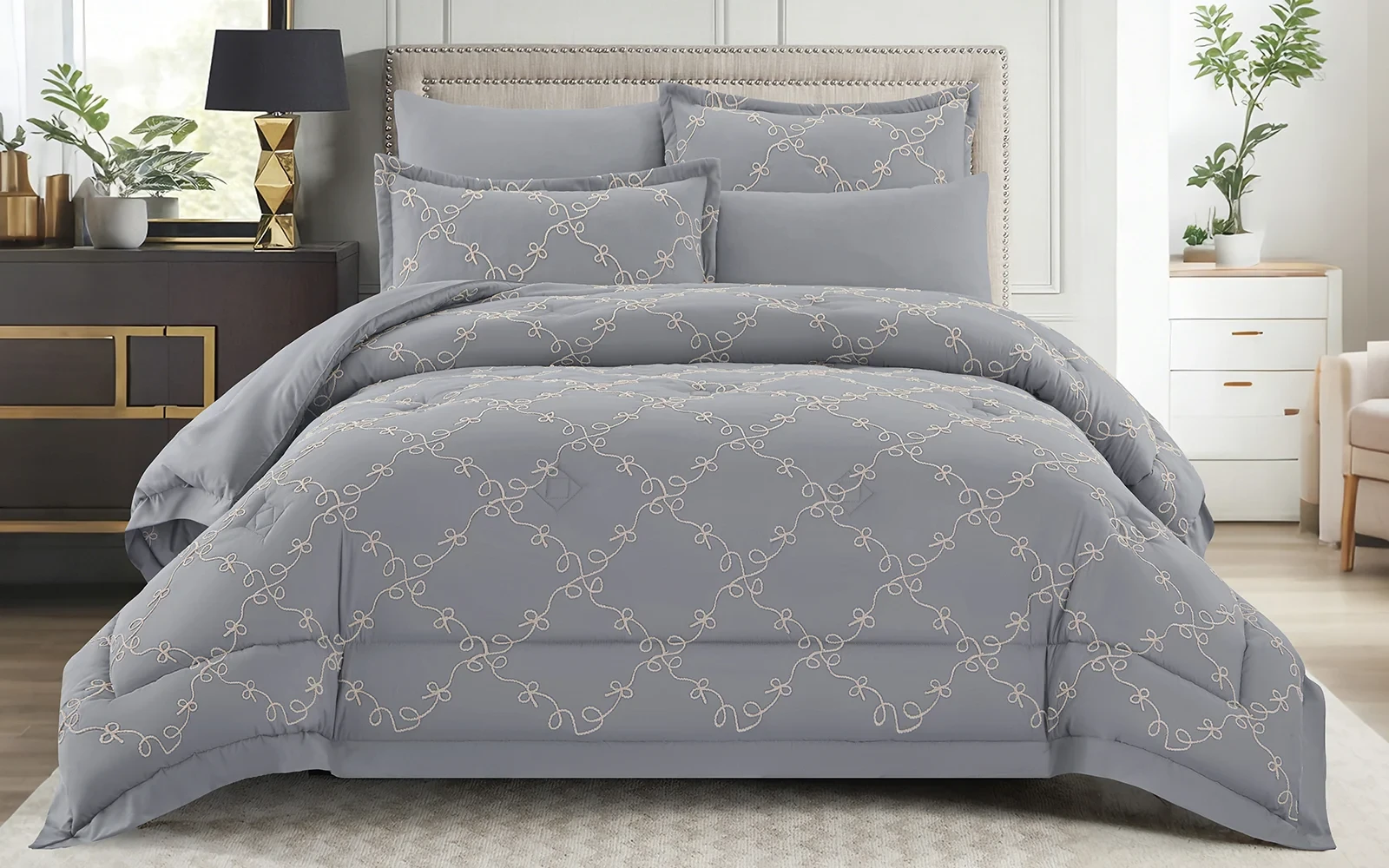 Elyon Comforter Bedding Set 6 PCS - King D.Grey & Beige
