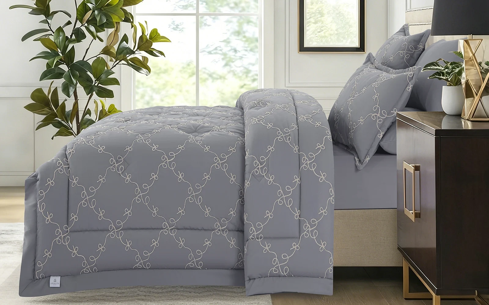 Elyon Comforter Bedding Set 6 PCS - King D.Grey & Beige