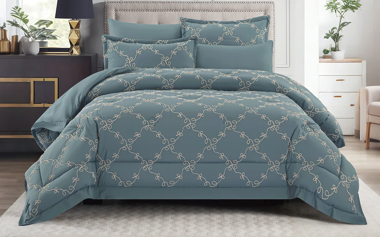 Elyon Comforter Bedding Set 6 PCS - King Petrol & Beige