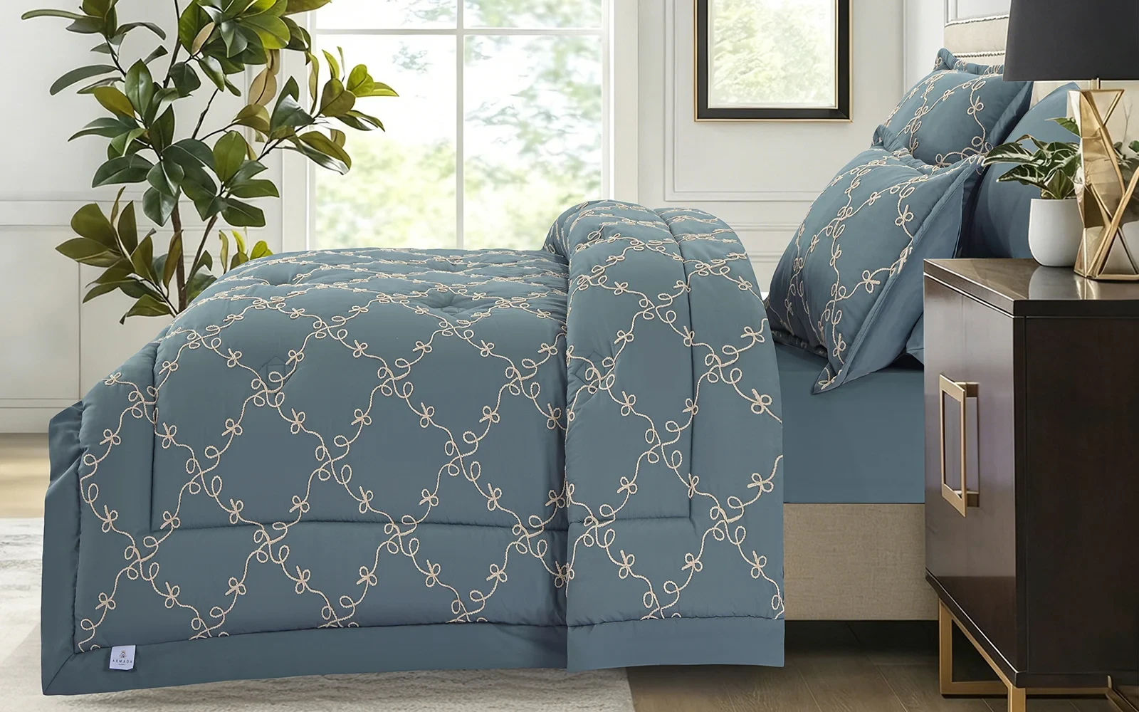 Elyon Comforter Bedding Set 6 PCS - King Petrol & Beige