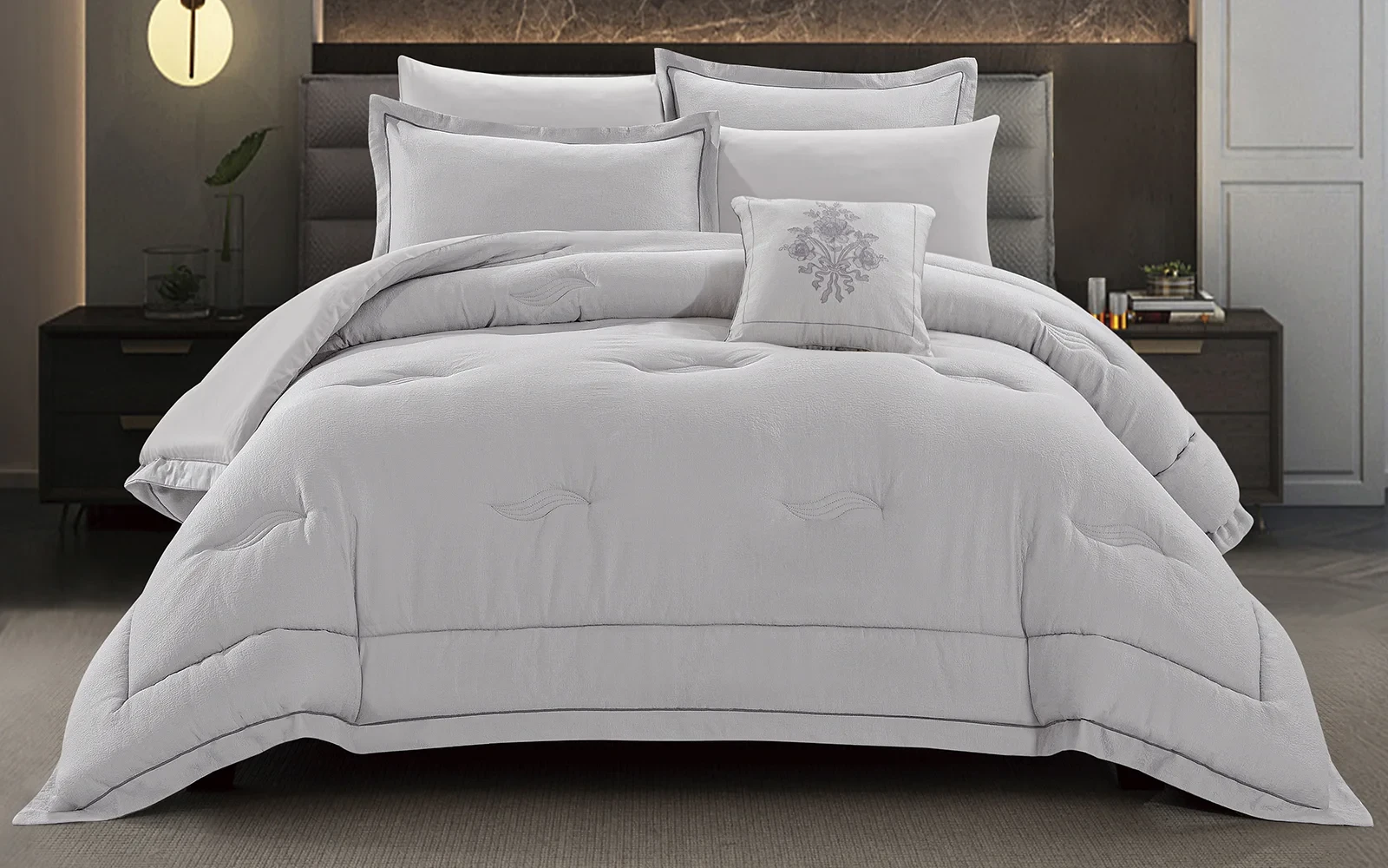 Narjes Cotton Comforter Bedding Set 7 PCS - King L.Grey