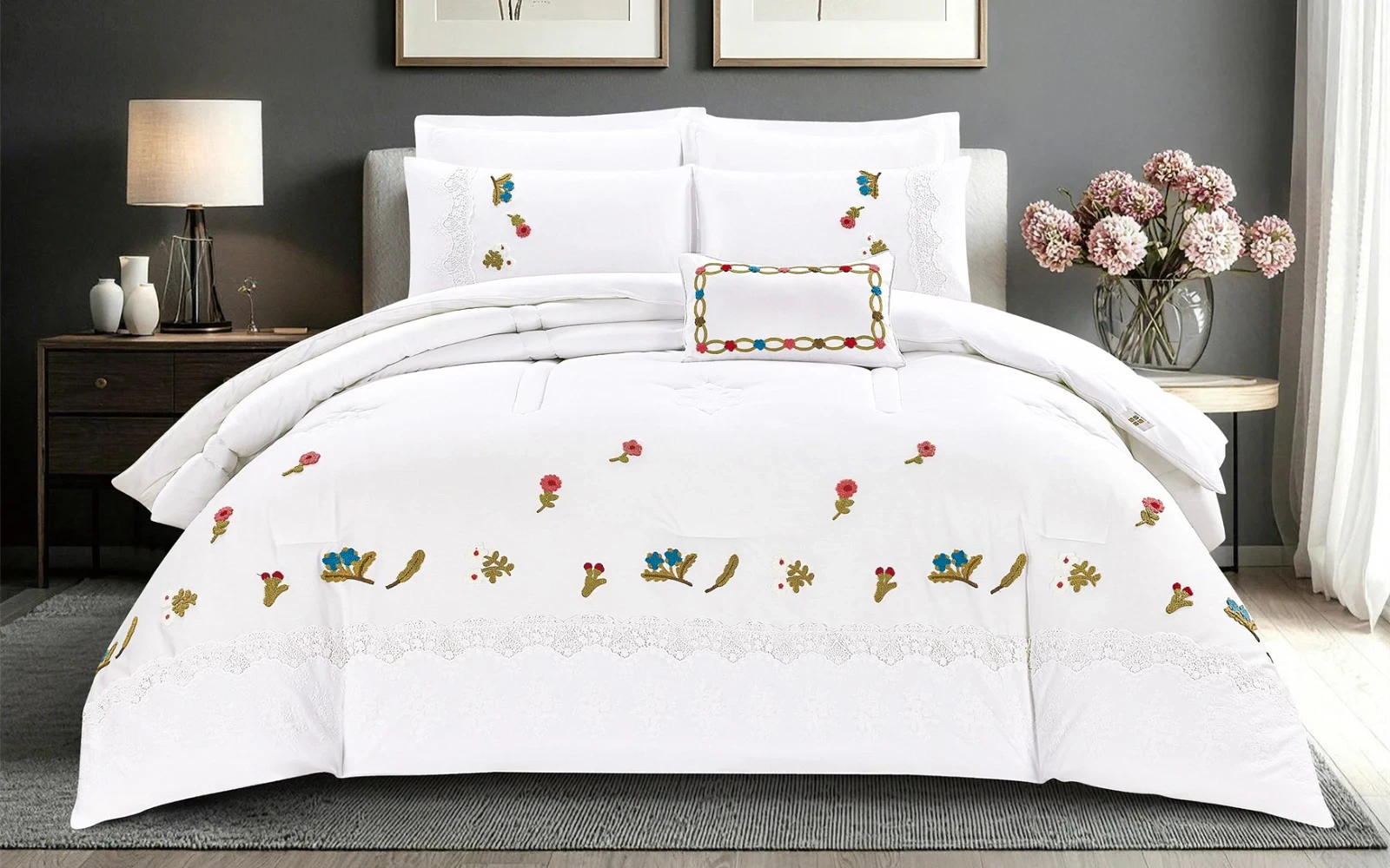 Grace Cotton Embroidered Comforter Bedding Set 7 PCS - King White