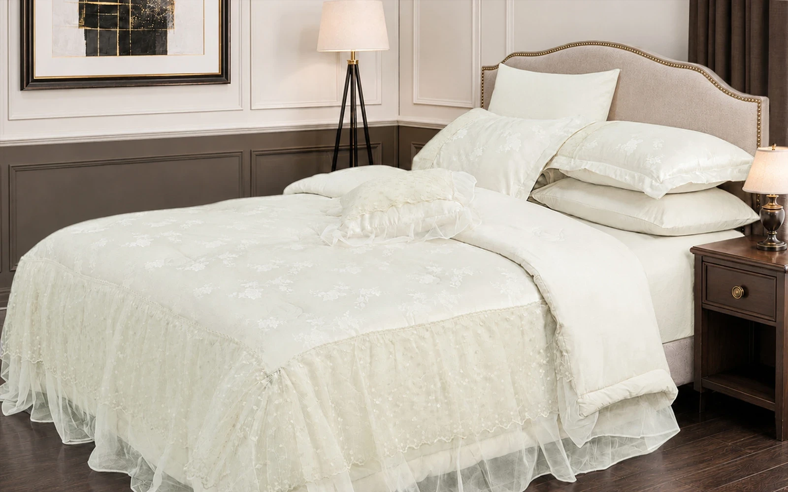 Meena Jacquard Lace Wedding Comforter Set Box 8 PCS - King Cream