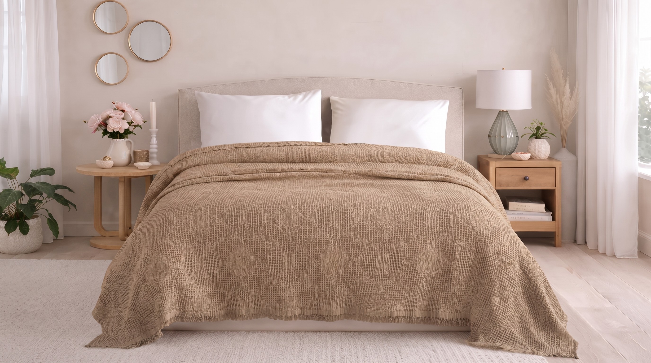 Hobby Turkey Cotton Jacquard Pique Bedspread 1 PC – King D.Beige