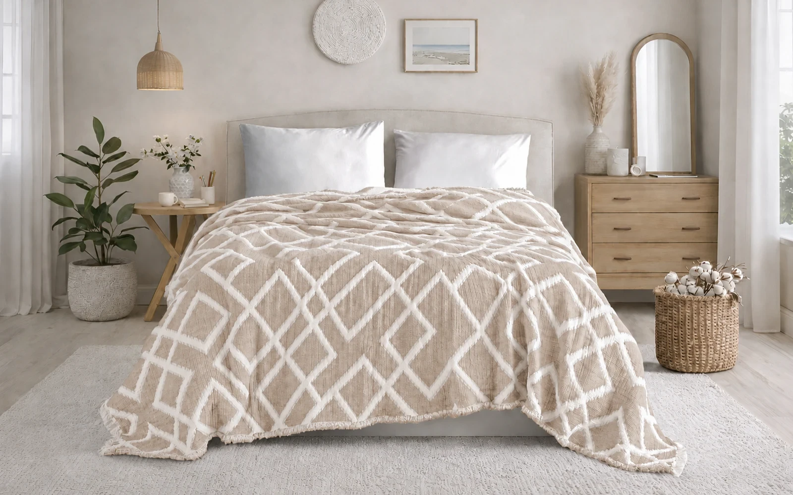 Hobby Turkey Cotton Jacquard Pique Bedspread 1 PC – King Beige