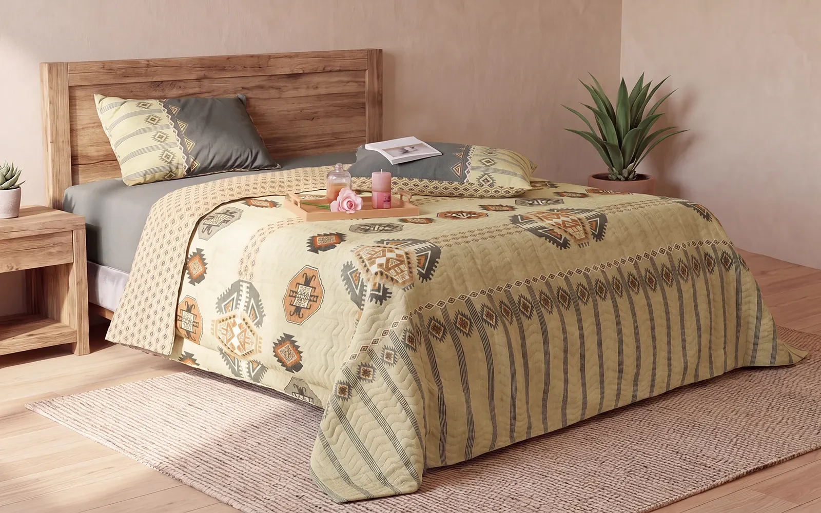 Al Saad Home Turkish Cotton Printed 2 In 1 Duvet Cover & Bed Spread Set ( Without Filling ) 4 PCS - King Multi Color