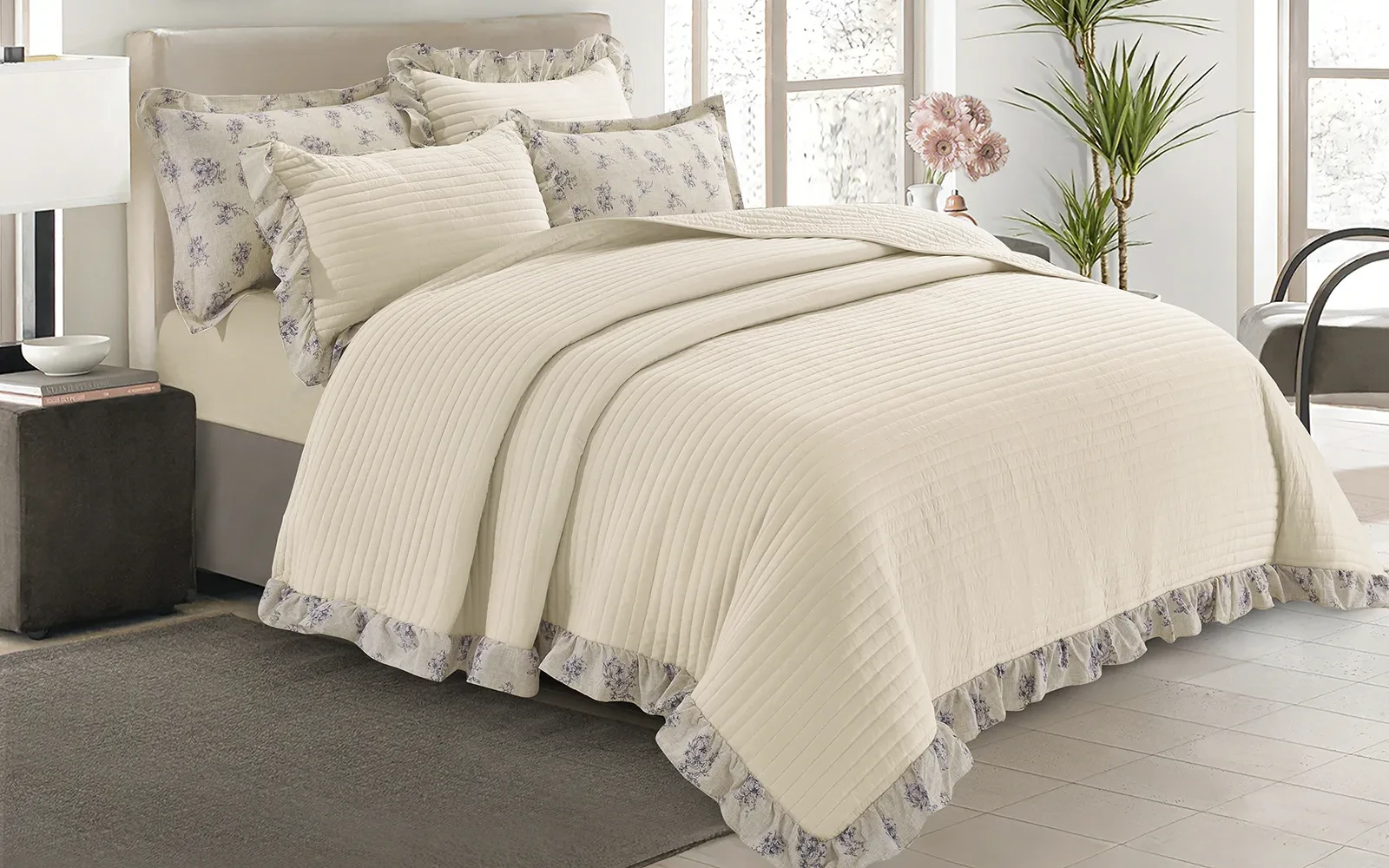 Jovia Stripe BedSpread Bedding Set 6 PCS - King Cream & Grey