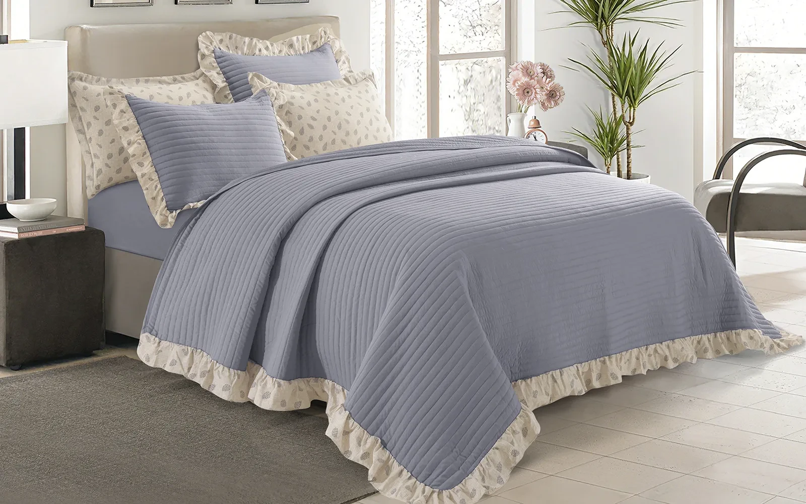 Jovia Stripe BedSpread Bedding Set 6 PCS - King Grey & Beige