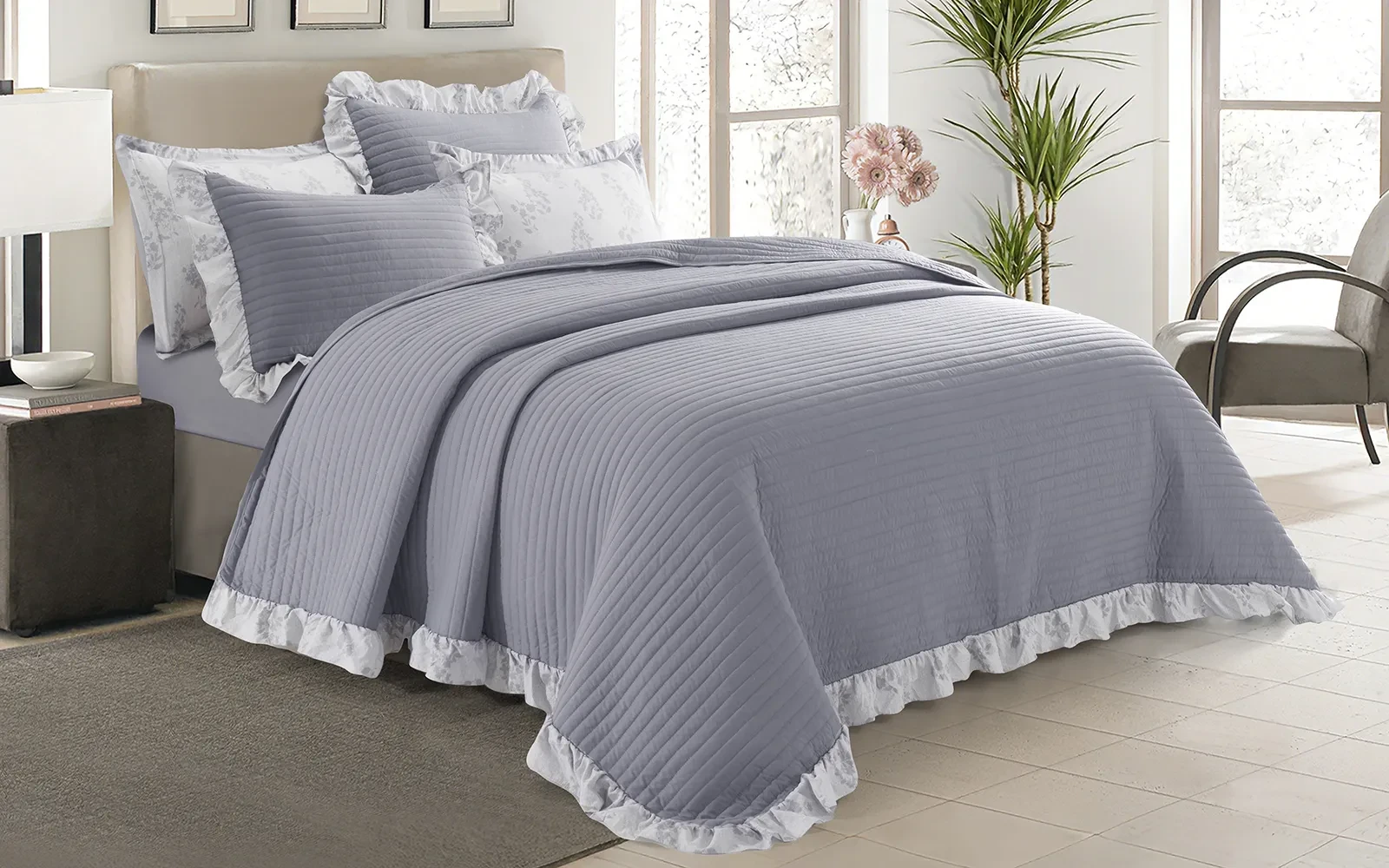 Jovia Stripe BedSpread Bedding Set 6 PCS - King Grey & Silver