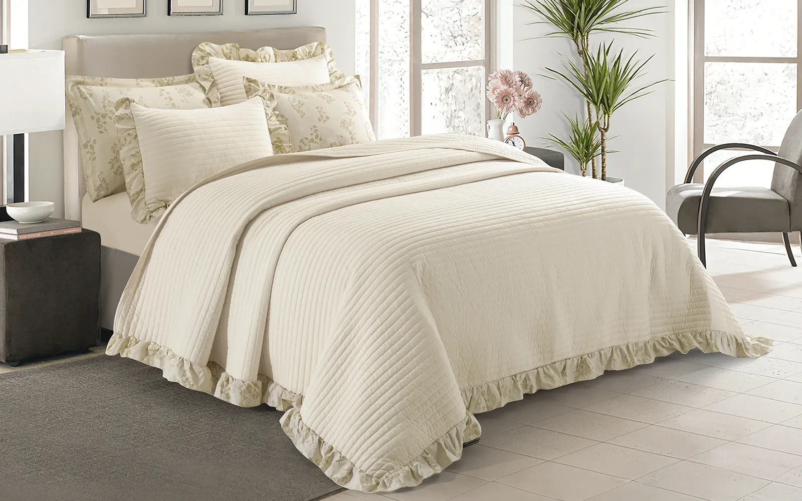 Jovia Stripe BedSpread Bedding Set 6 PCS - King Cream & Beige