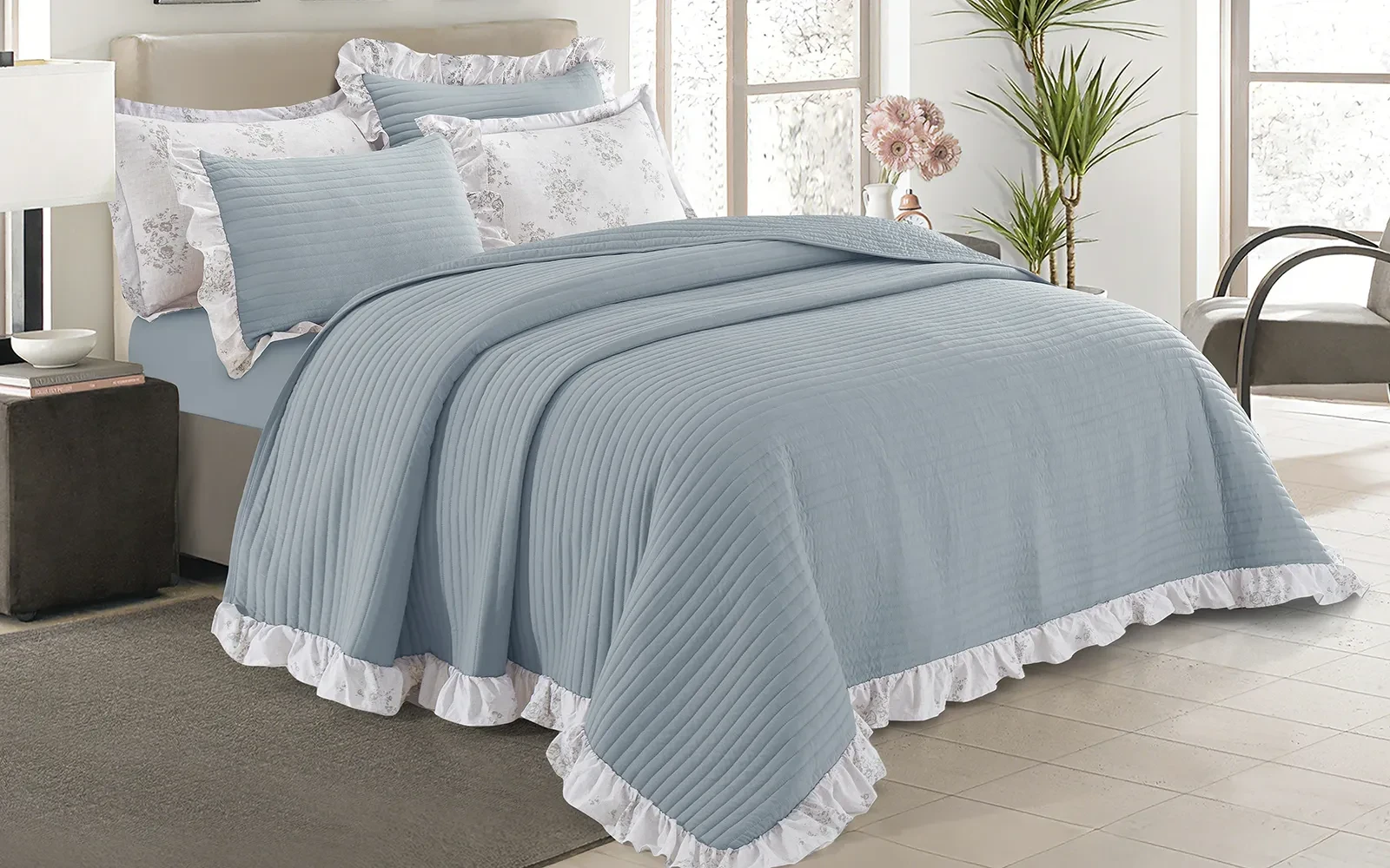 Jovia Stripe BedSpread Bedding Set 6 PCS - King Turquoise & Off White