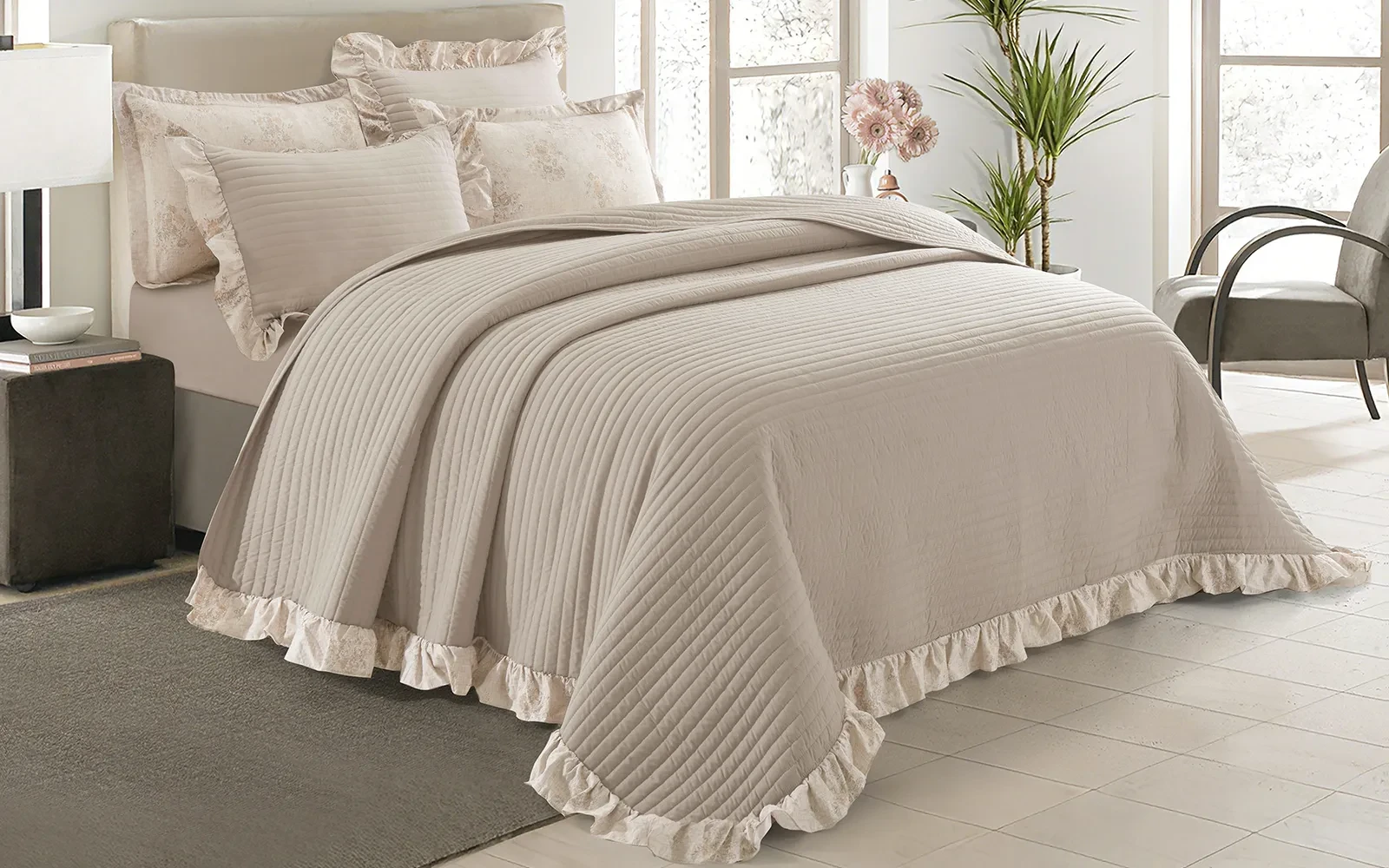 Jovia Stripe BedSpread Bedding Set 6 PCS - King D.Beige & L.Beige