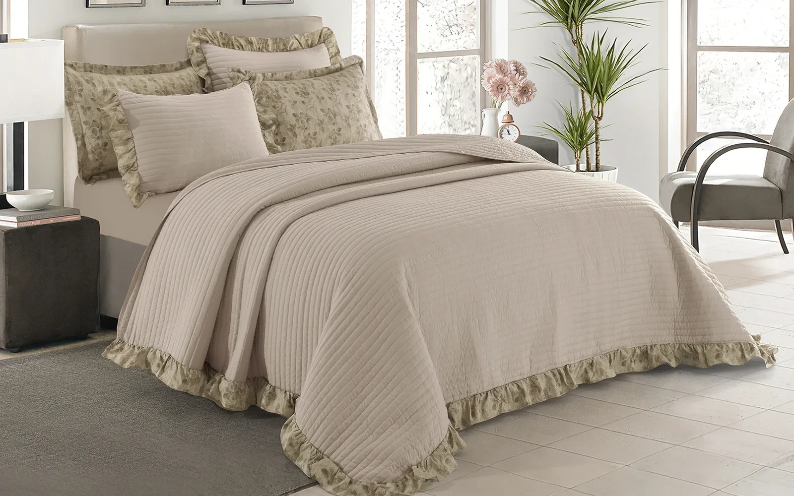 Jovia Stripe BedSpread Bedding Set 6 PCS - King D.Beige