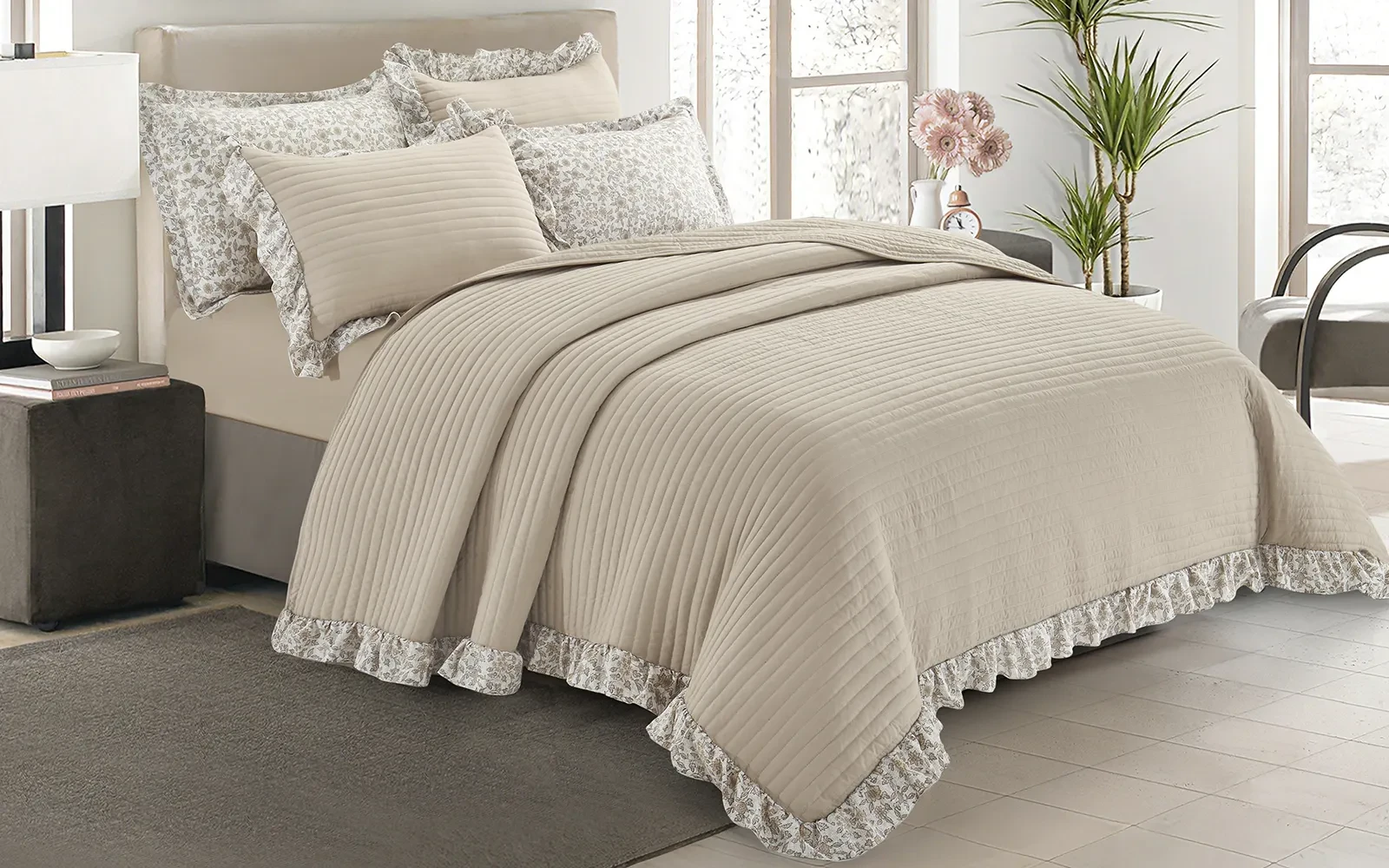 Jovia Stripe BedSpread Bedding Set 6 PCS - King Beige