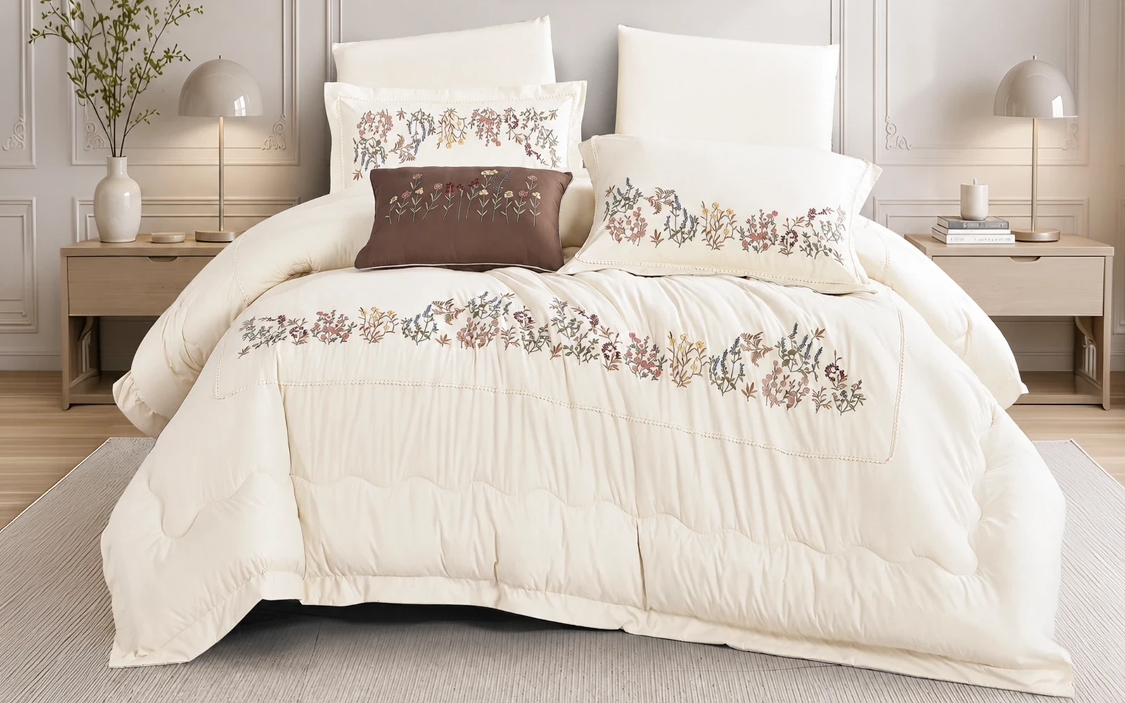Grand Embroidered Comforter Bedding Set 7 Pcs - King Cream