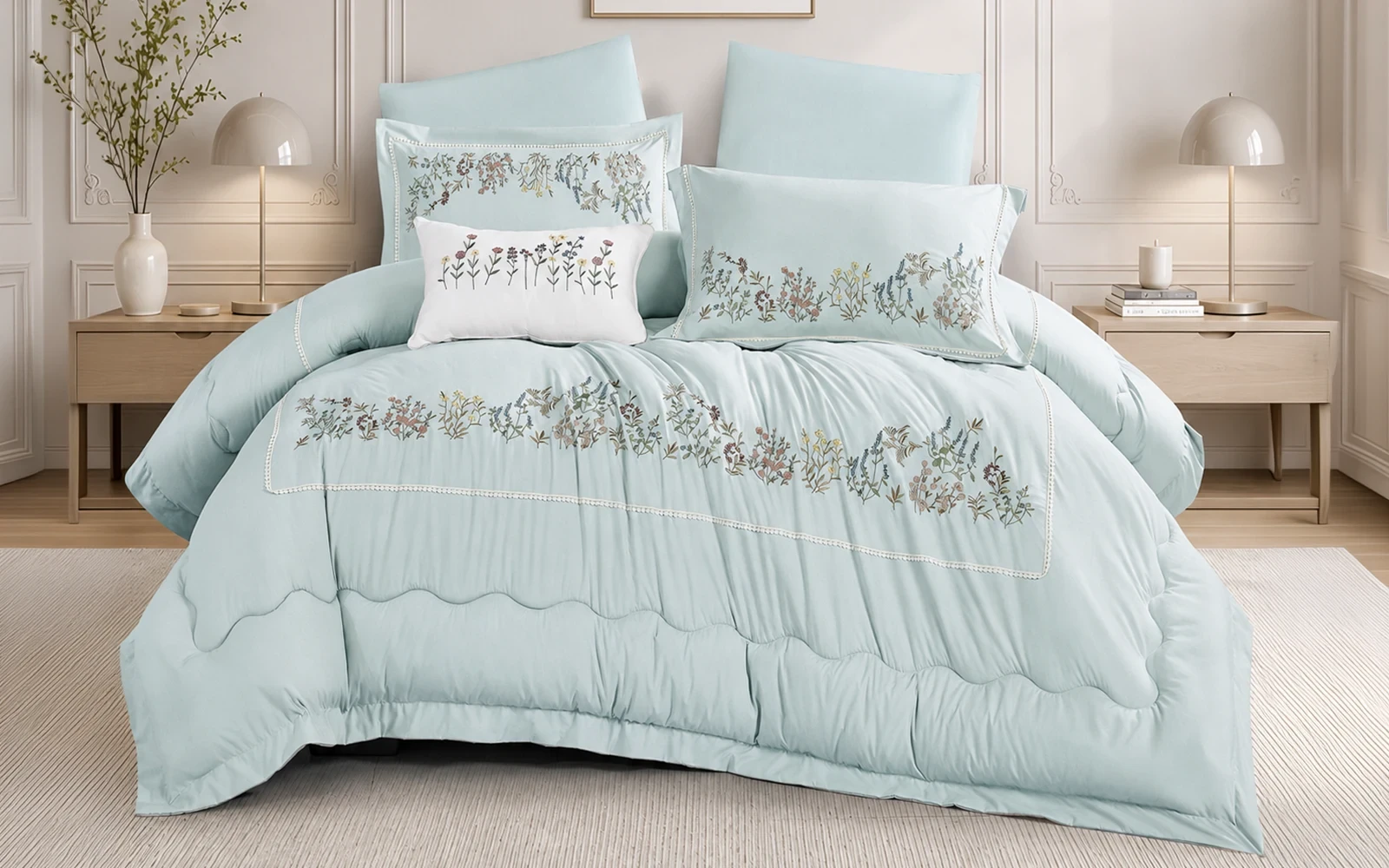Grand Embroidered Comforter Bedding Set 7 Pcs - King Turquoise