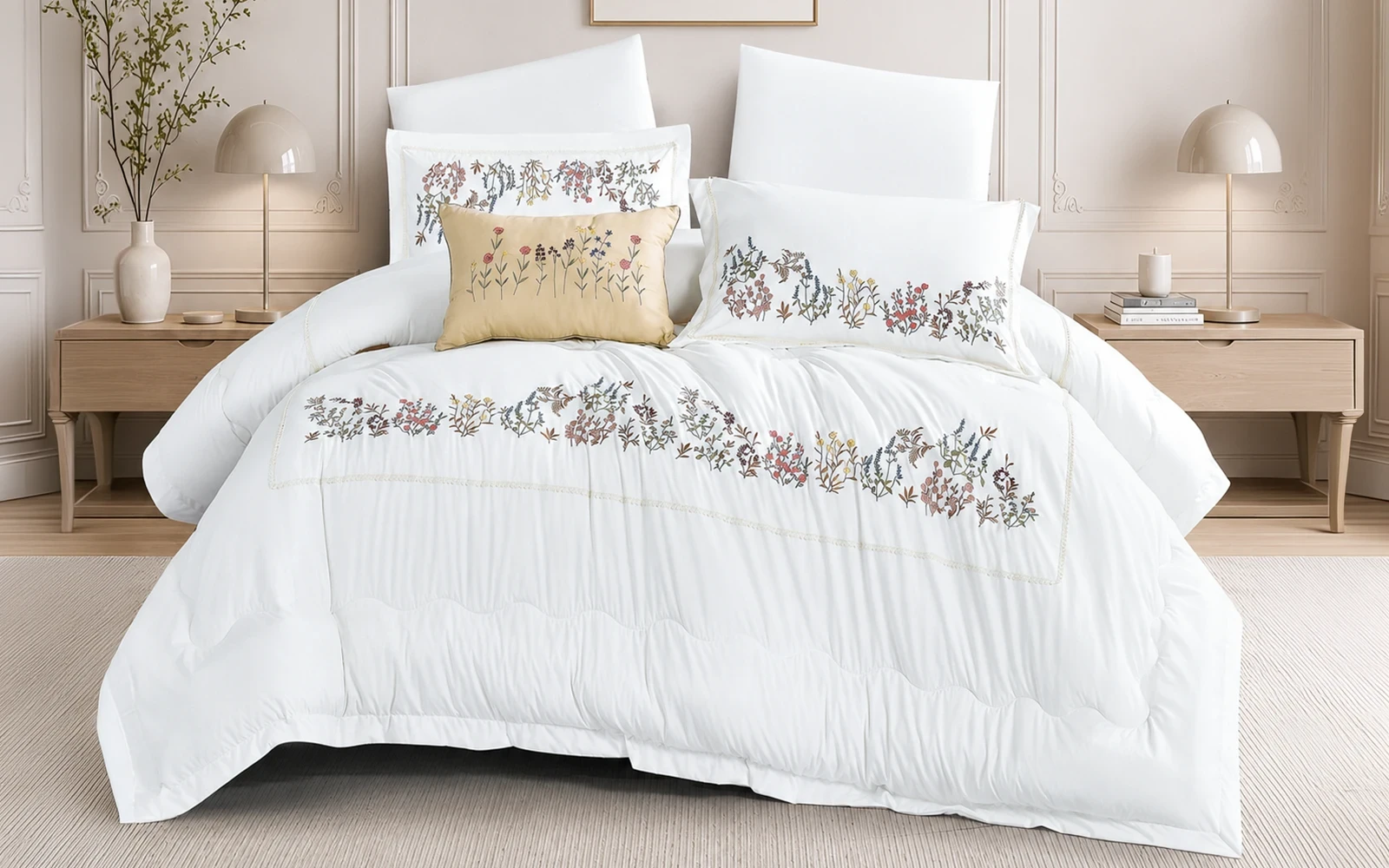 Grand Embroidered Comforter Bedding Set 7 Pcs - King White