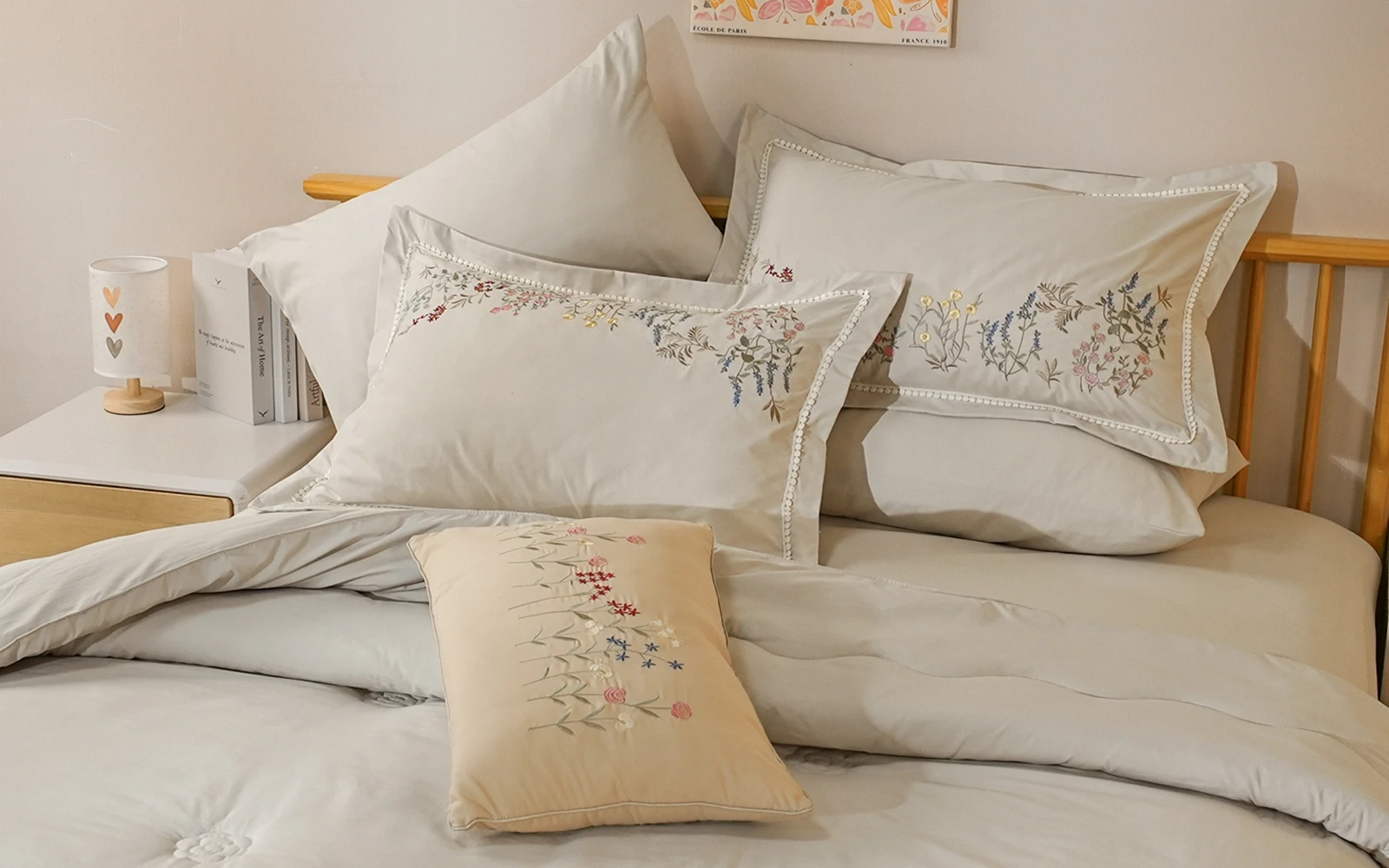 Grand Embroidered Comforter Bedding Set 7 Pcs - King Beige