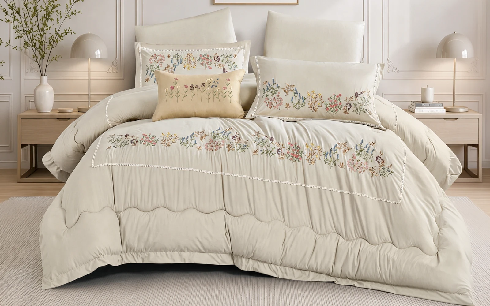 Grand Embroidered Comforter Bedding Set 7 Pcs - King Beige