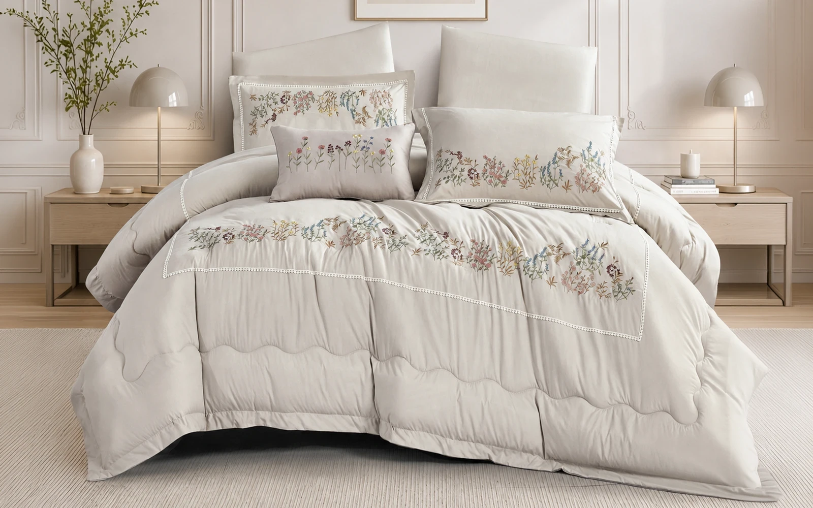 Grand Embroidered Comforter Bedding Set 7 Pcs - King L.Beige