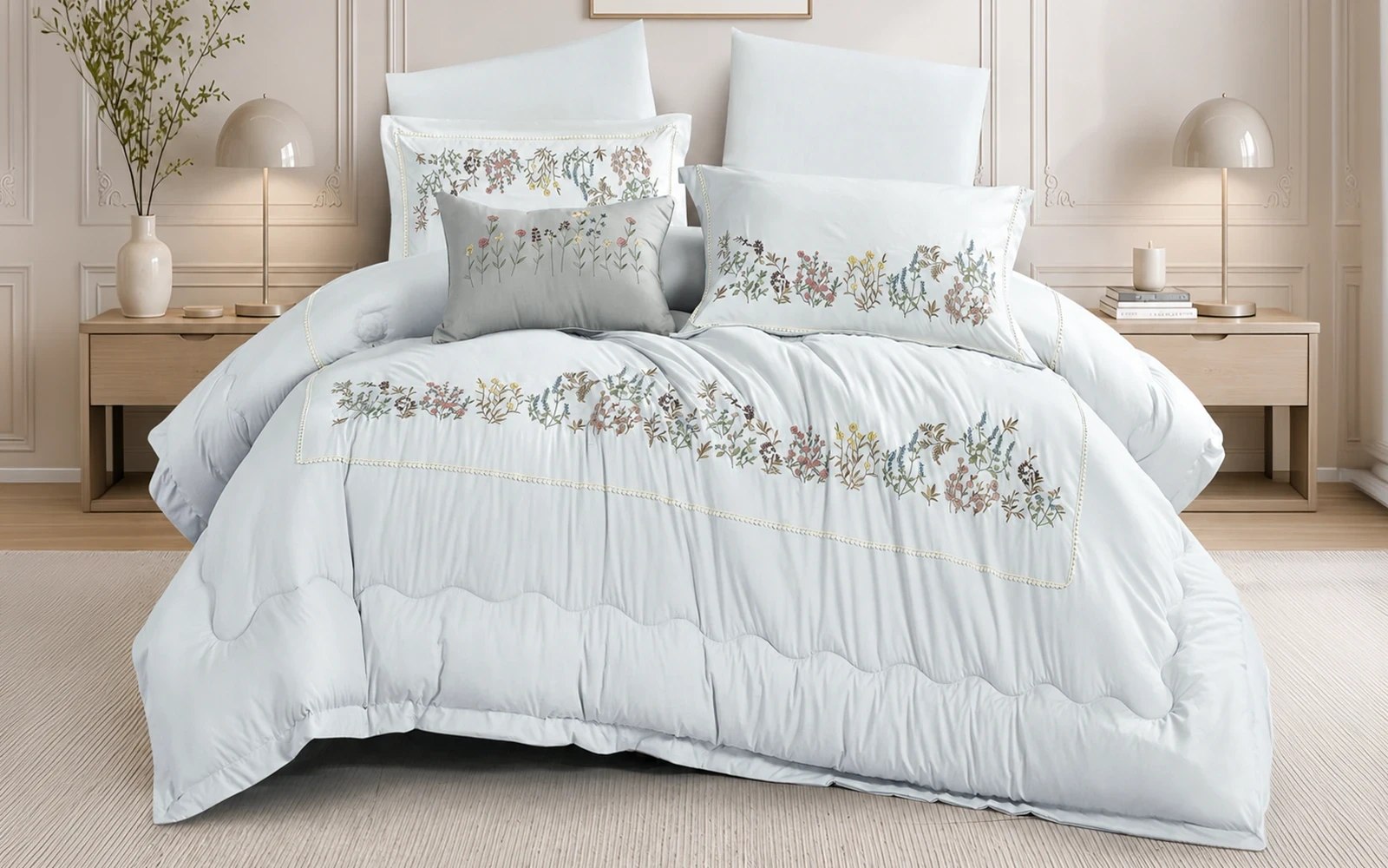 Grand Embroidered Comforter Bedding Set 6 Pcs - Queen Silver