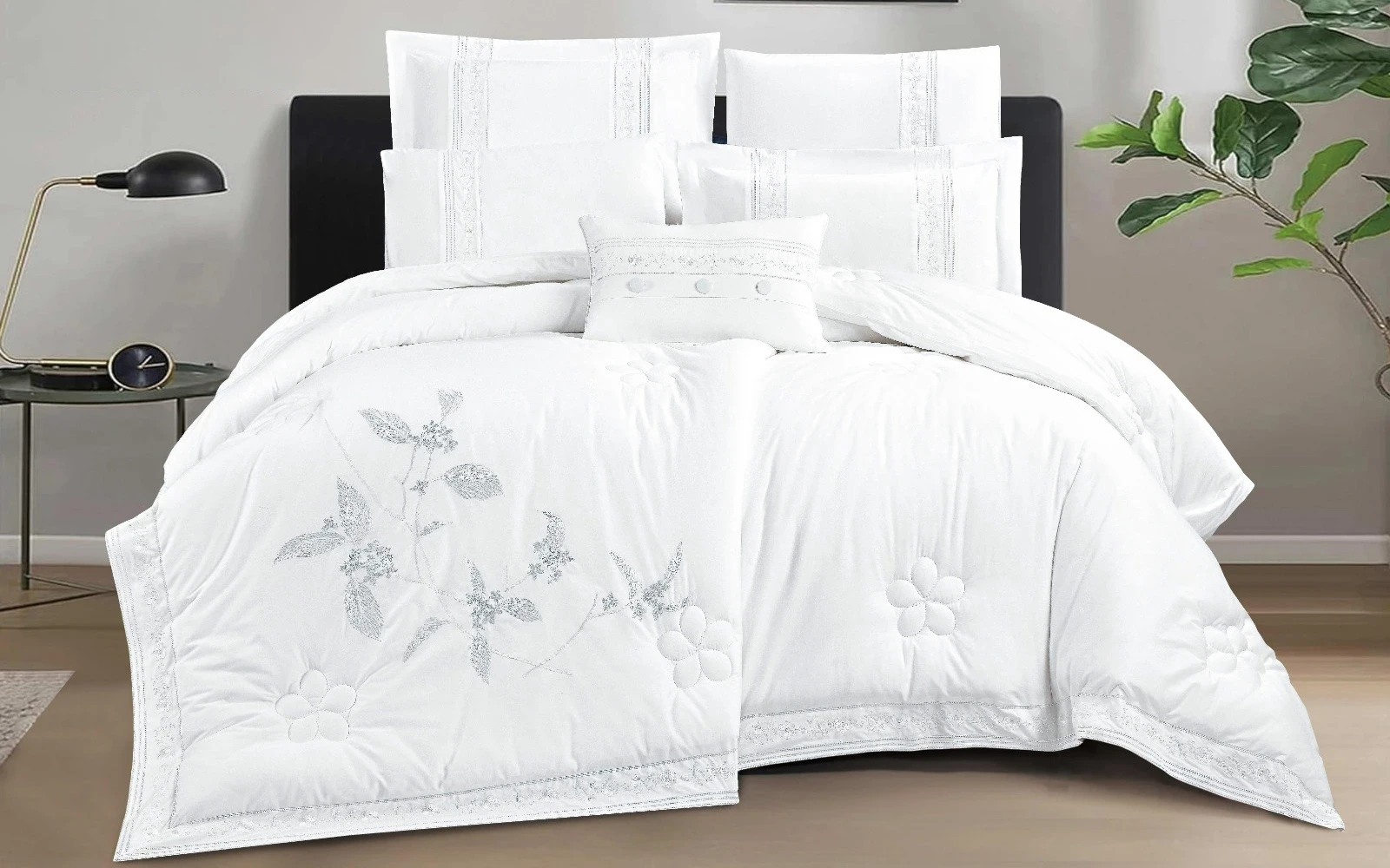 Terra Cotton Embroidered Comforter Bedding Set 7 PCS - King White