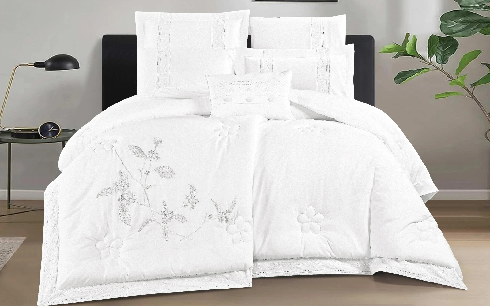 Terra Cotton Embroidered Comforter Bedding Set 7 PCS - King Off White