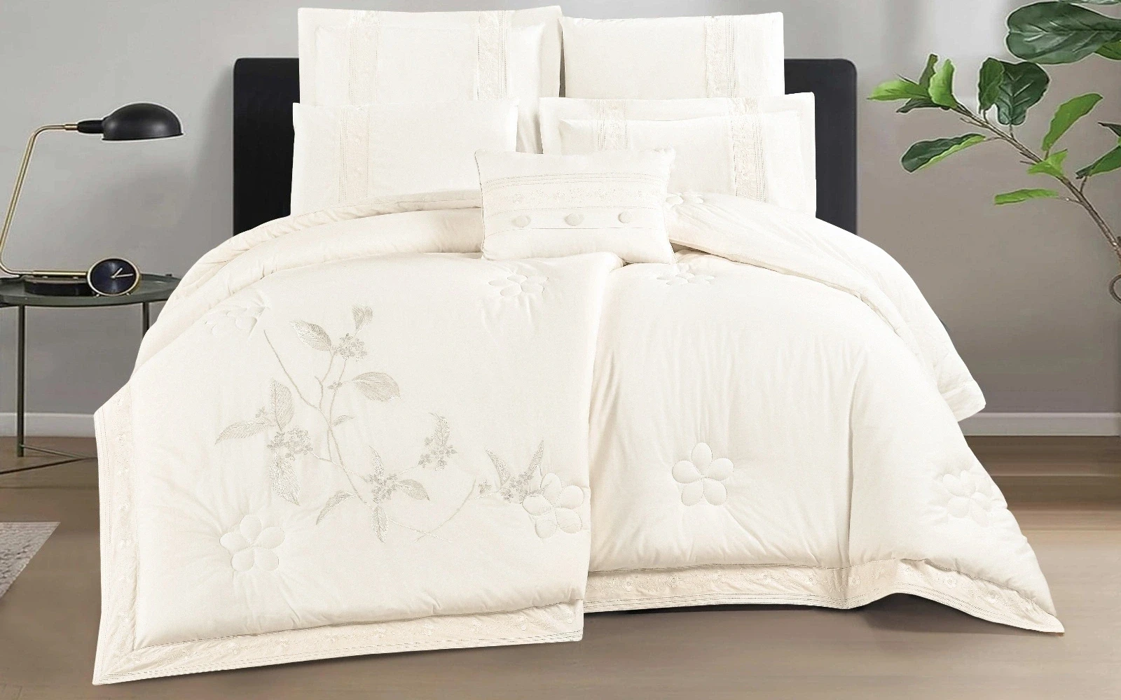 Terra Cotton Embroidered Comforter Bedding Set 7 PCS - King Cream