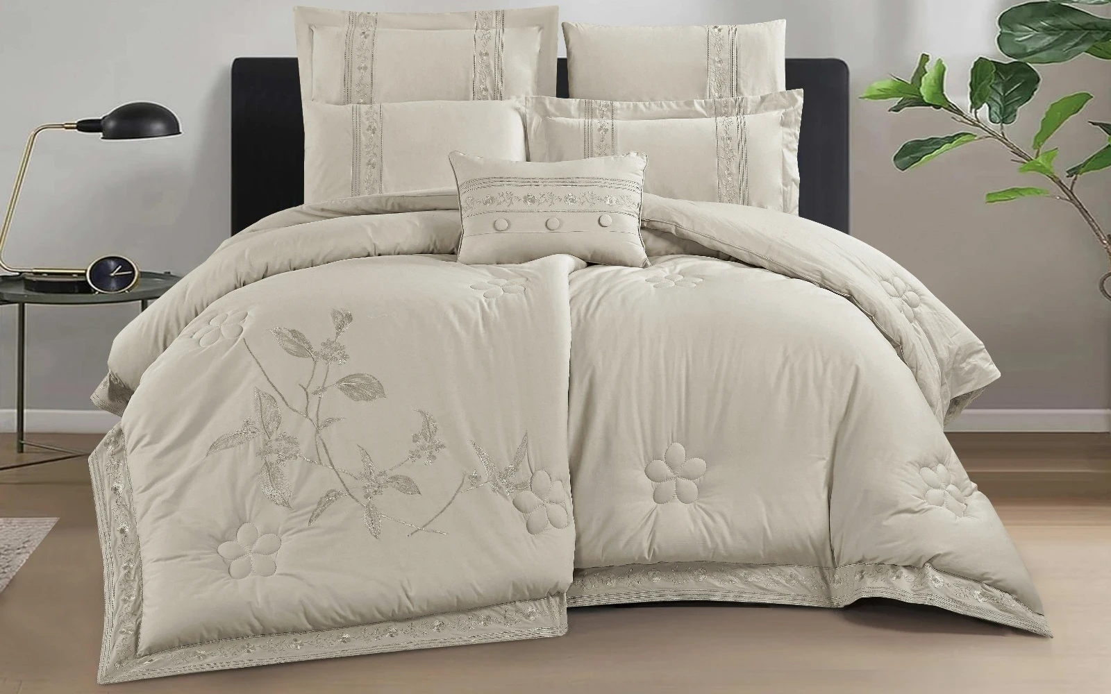 Terra Cotton Embroidered Comforter Bedding Set 7 PCS - King D.Beige