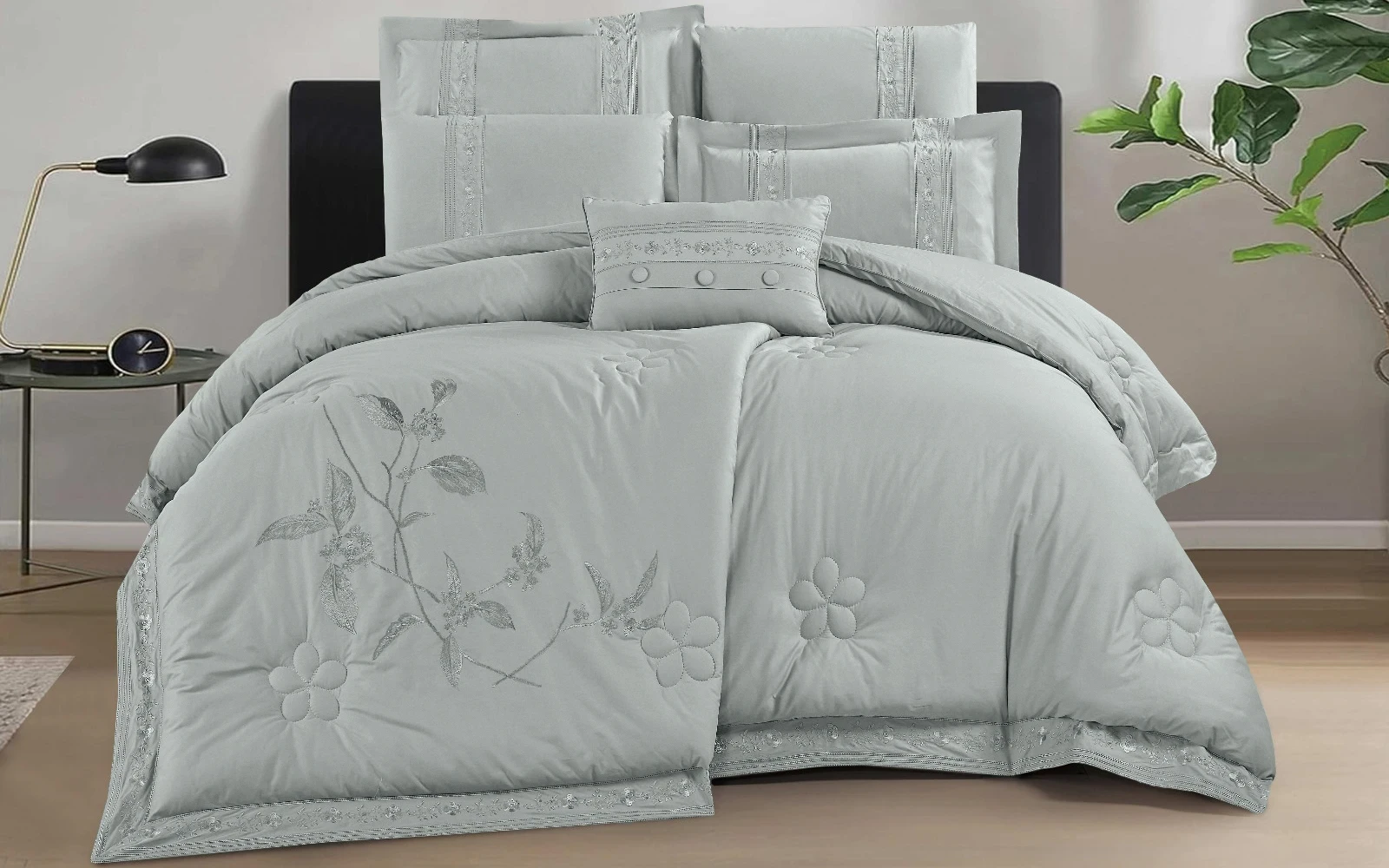 Terra Cotton Embroidered Comforter Bedding Set 7 PCS - King Grey