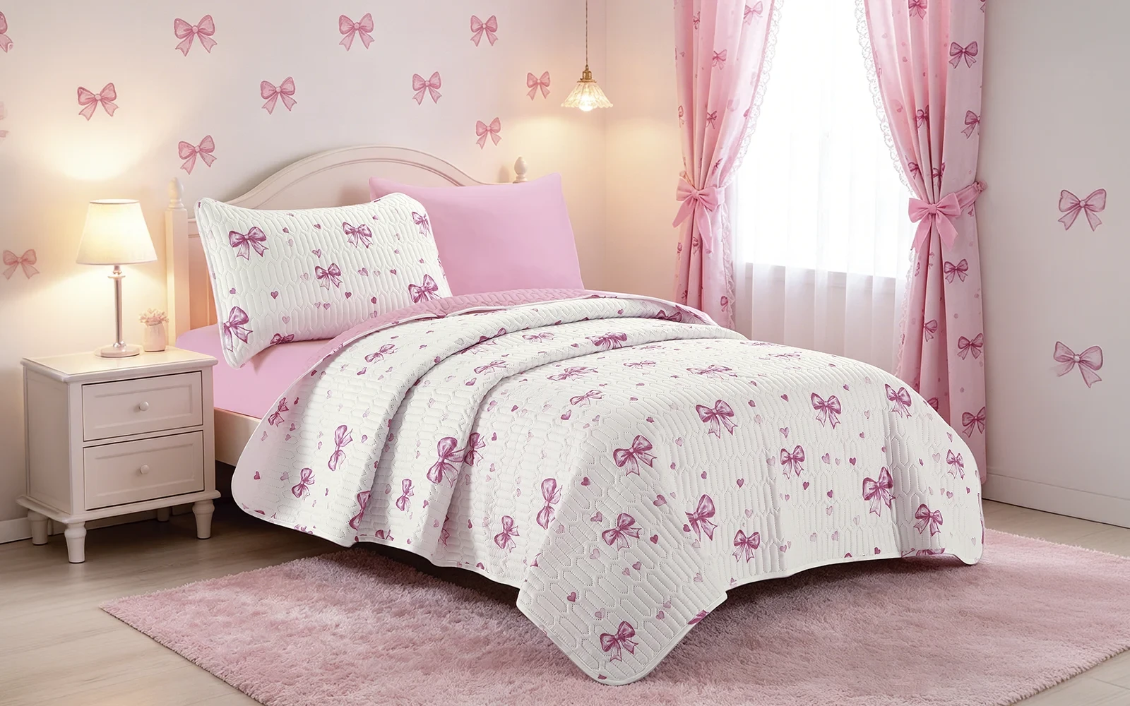 طقم مفرش مضغوط أطفال ميمو 4 قطع - أوف وايت و وردي