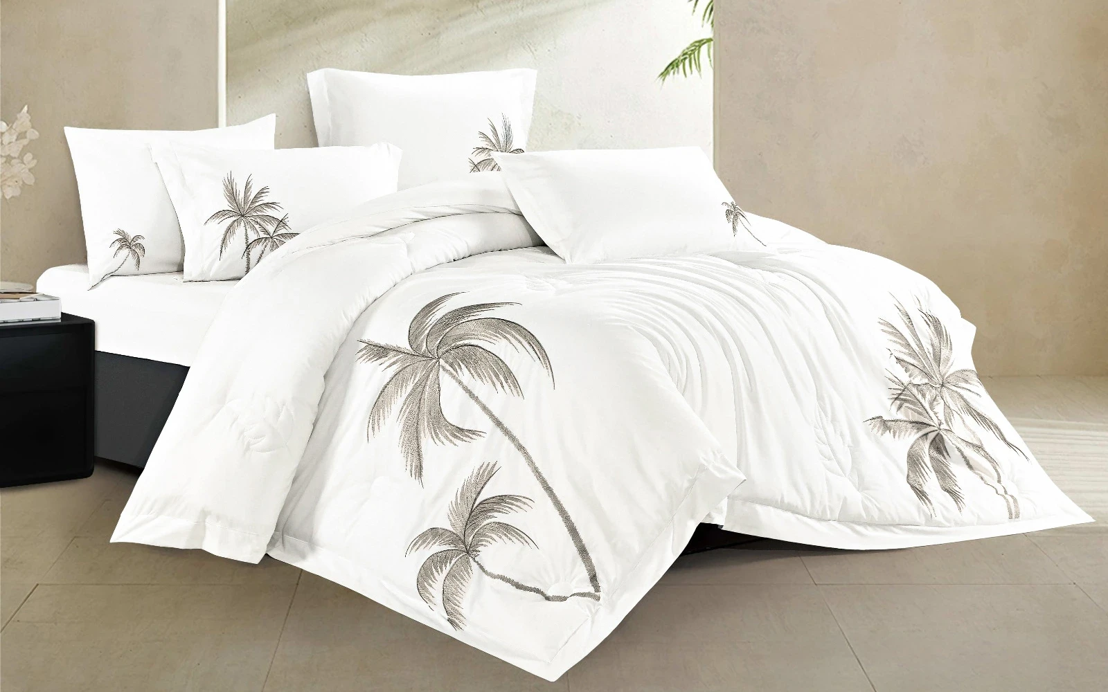 Puma Palm Embroidered Comforter Bedding Set 6 PCS - King Off White