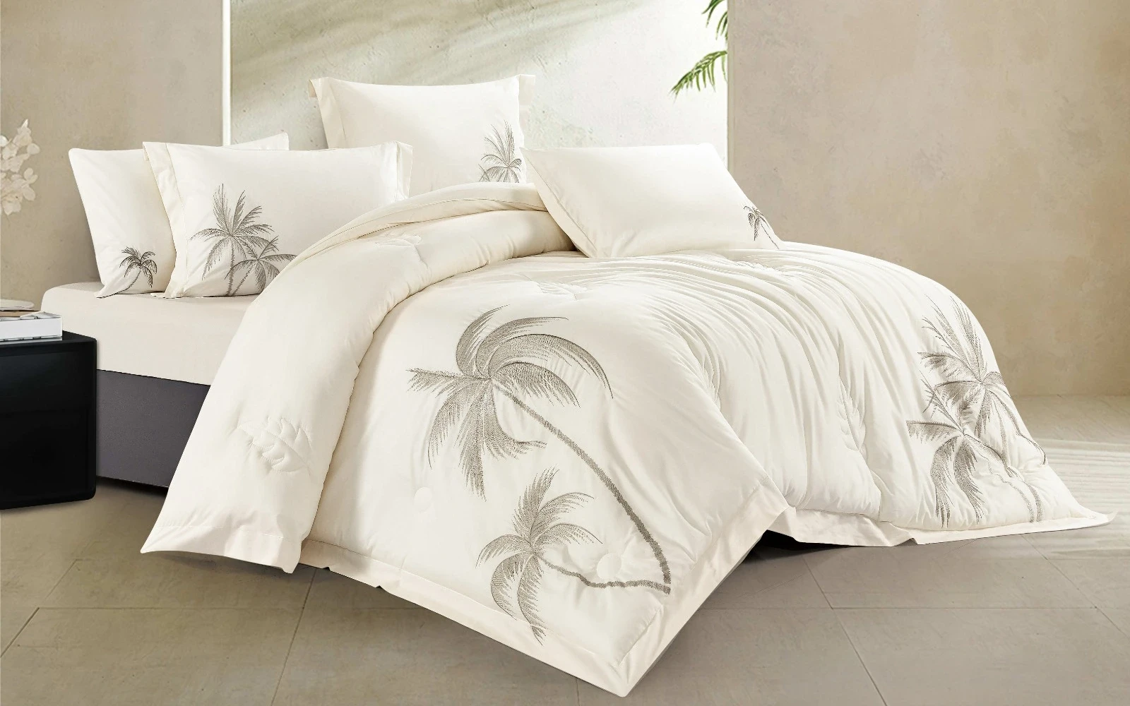 Puma Palm Embroidered Comforter Bedding Set 6 PCS - King Cream