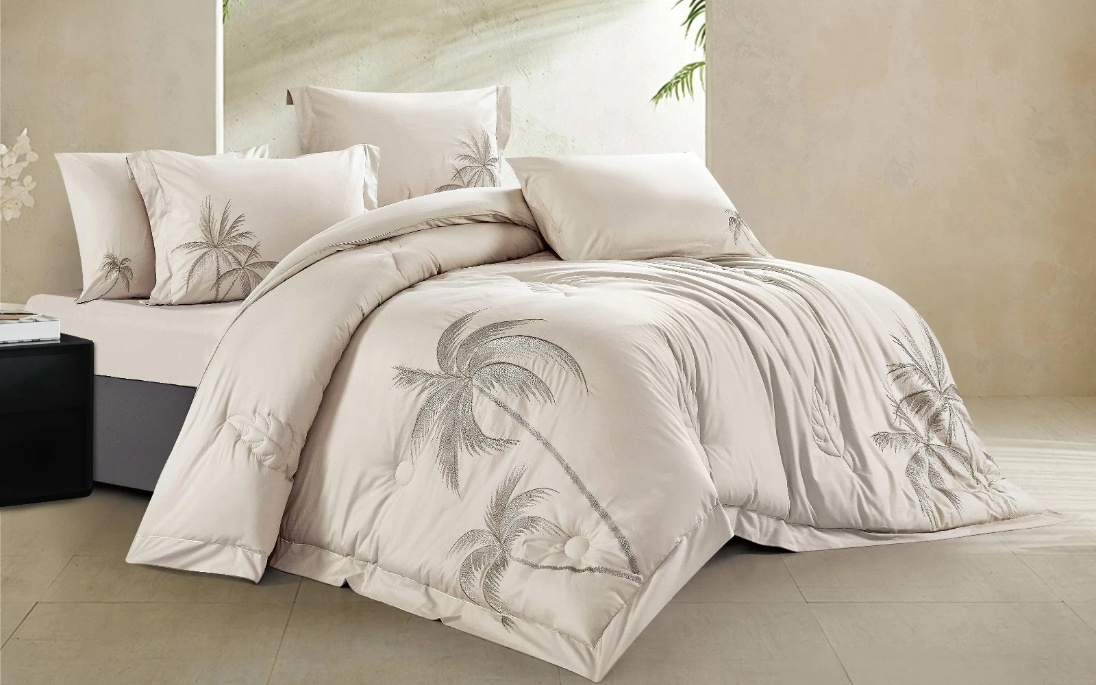 Puma Palm Embroidered Comforter Bedding Set 6 PCS - King Beige