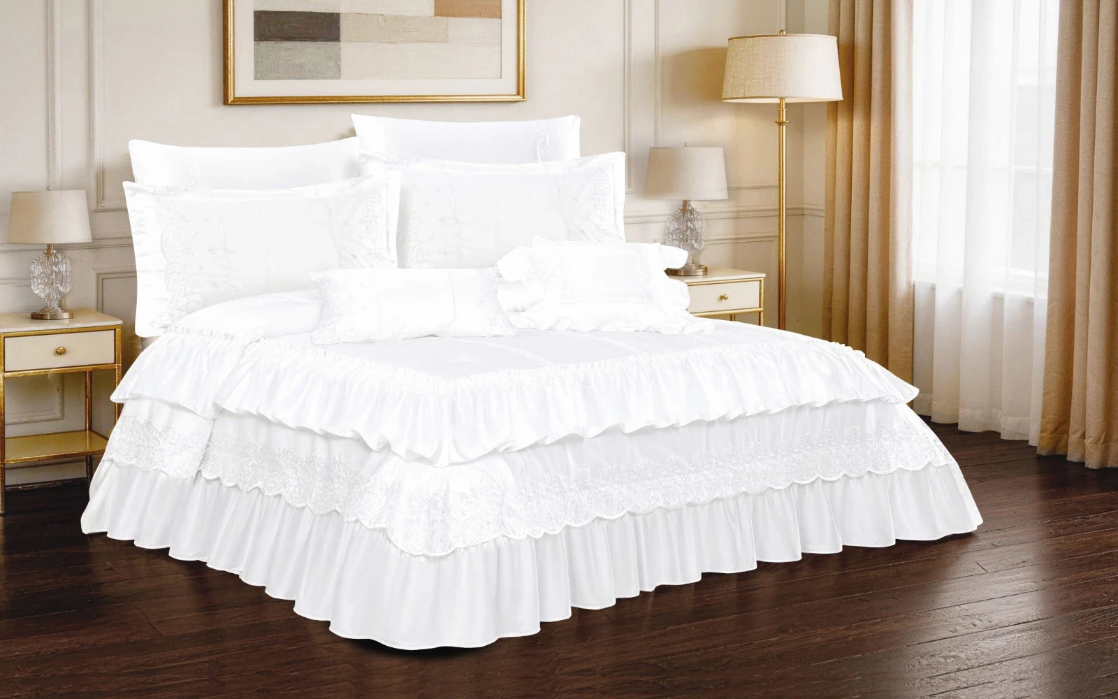 Ruffle Lace Wedding Comforter Set Box 8 PCS - King White