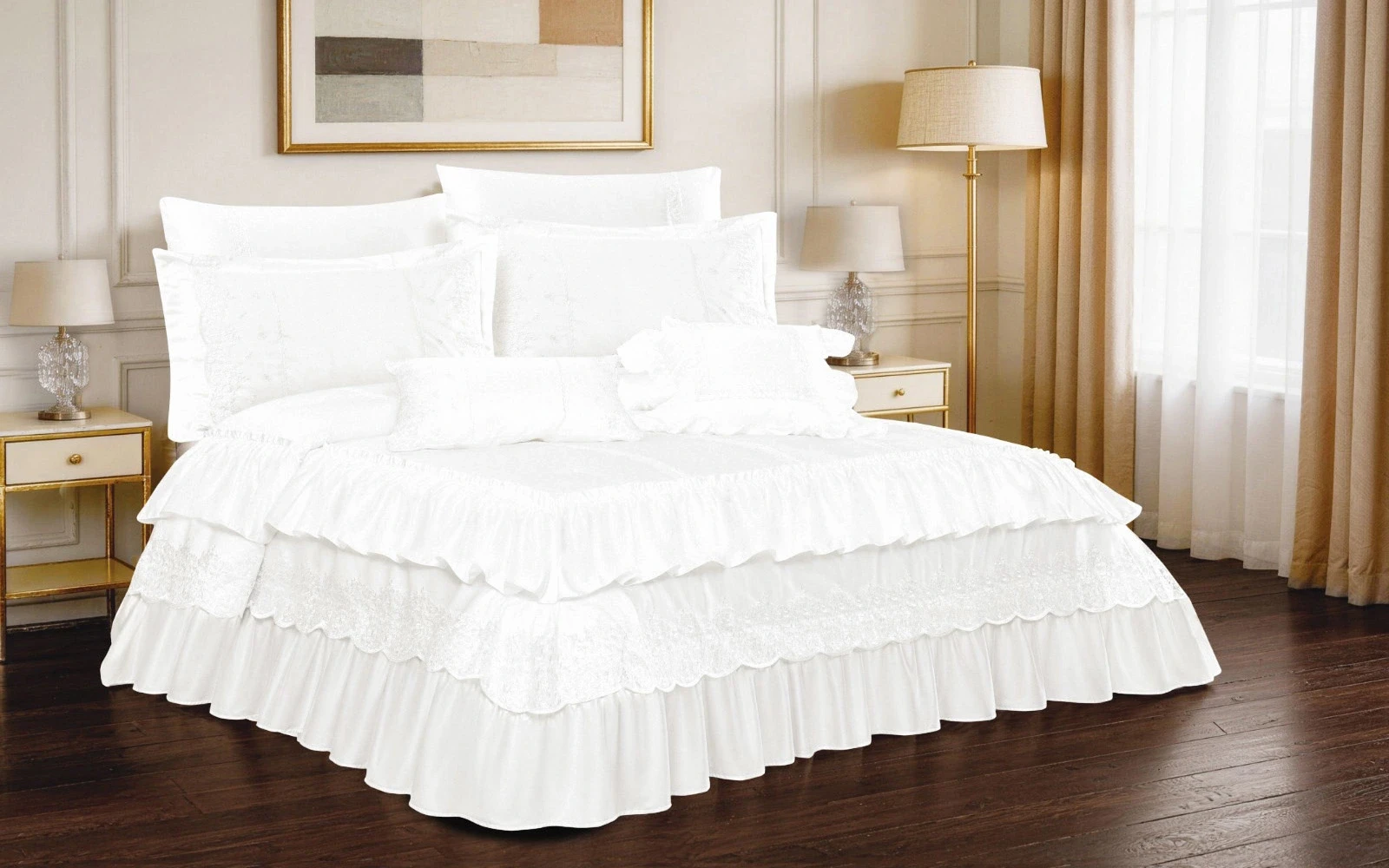 Ruffle Lace Wedding Comforter Set Box 8 PCS - King Off White