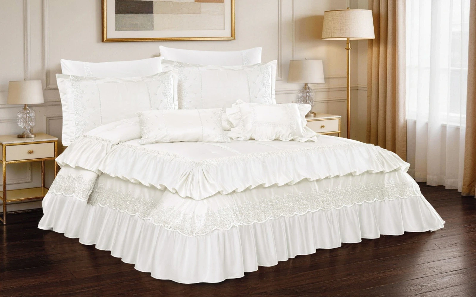 Ruffle Lace Wedding Comforter Set Box 8 PCS - King Cream