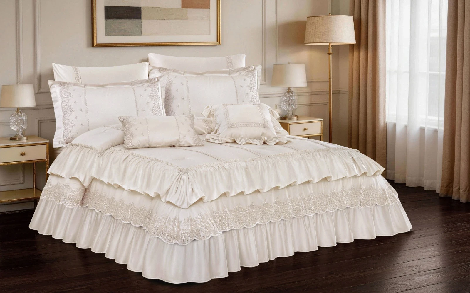 Ruffle Lace Wedding Comforter Set Box 8 PCS - King Beige